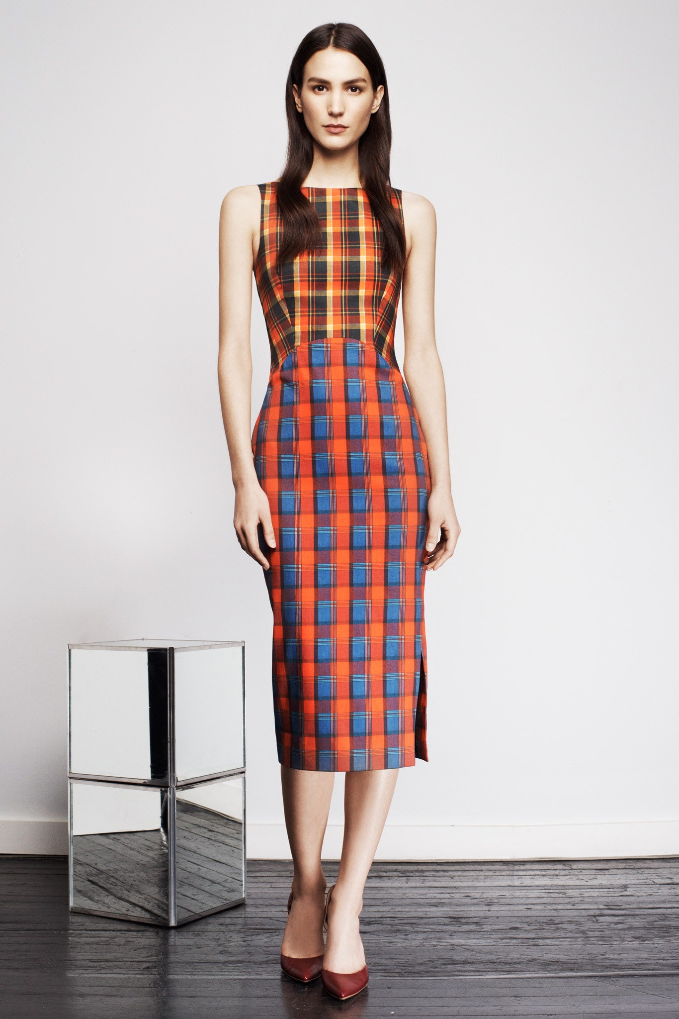 fitted checked midi dress