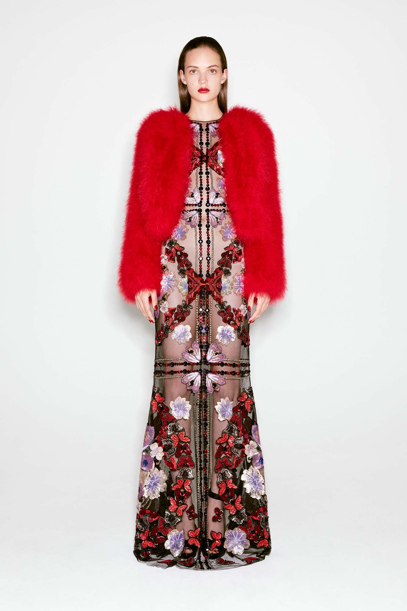black embroidered gown with red fur coat