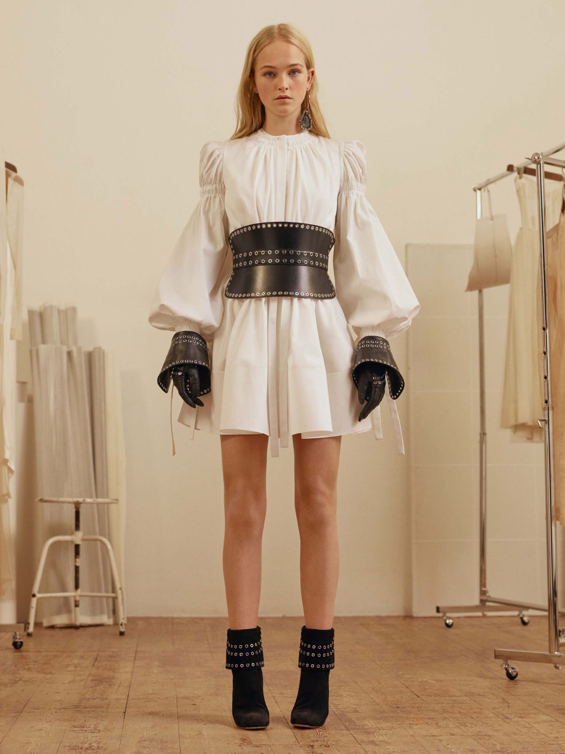 white cotton long-sleeve high-neck fitted pleated tiered dress