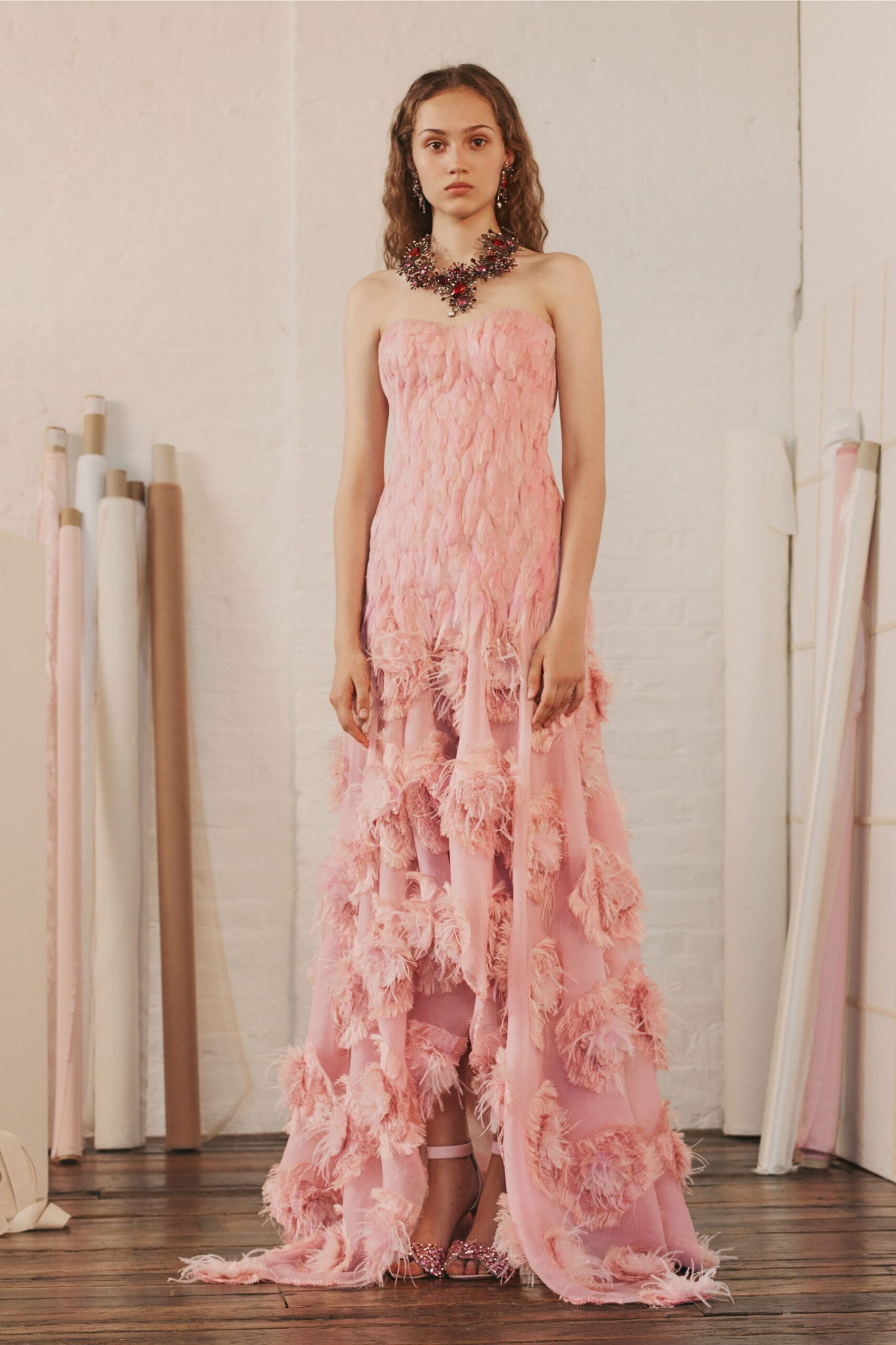 pink ruffled strapless gown