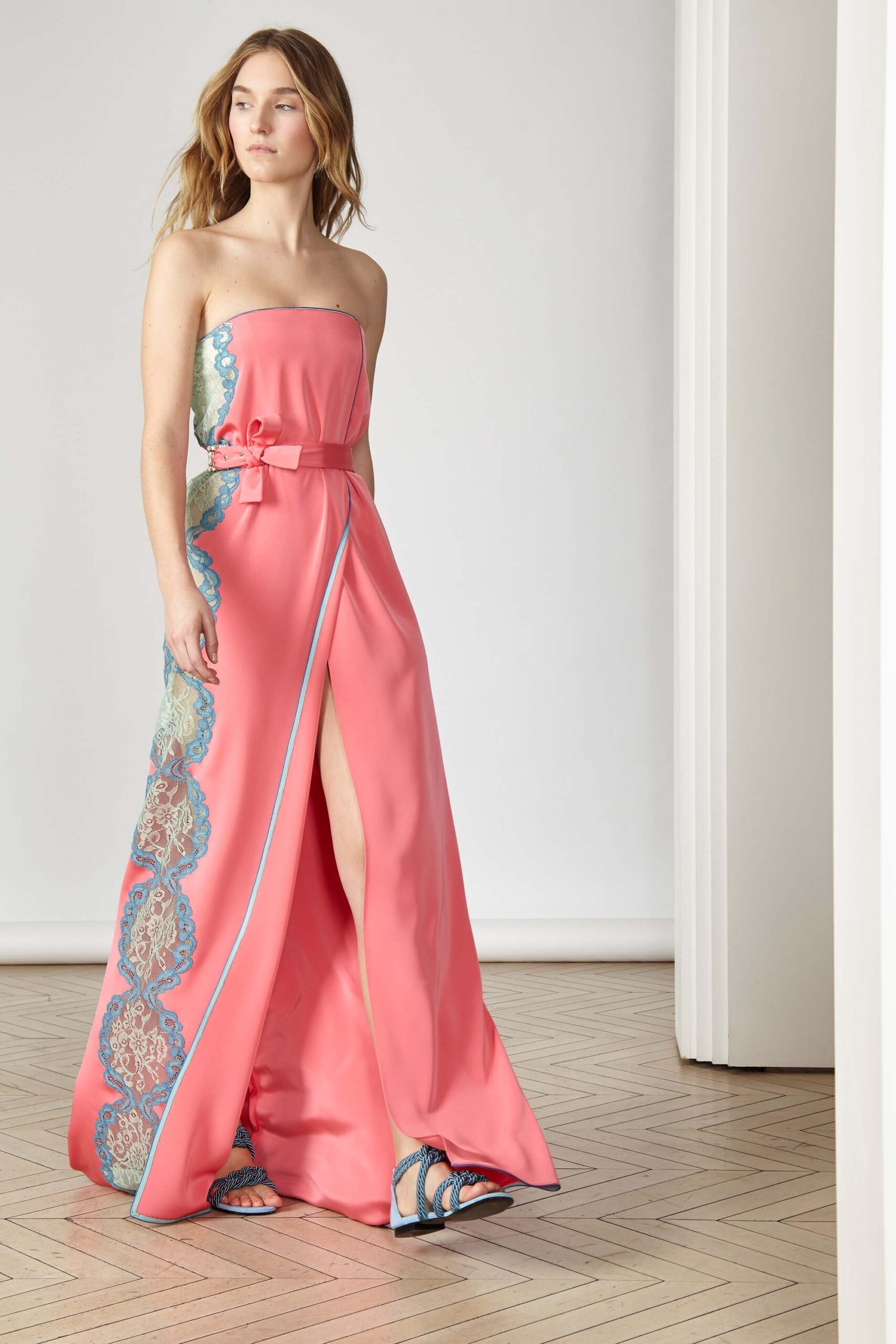pink silk strapless gown