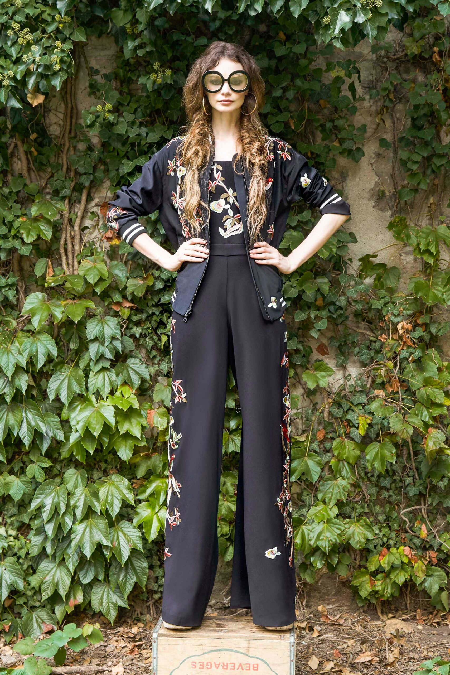 black embroidered jacket and pants
