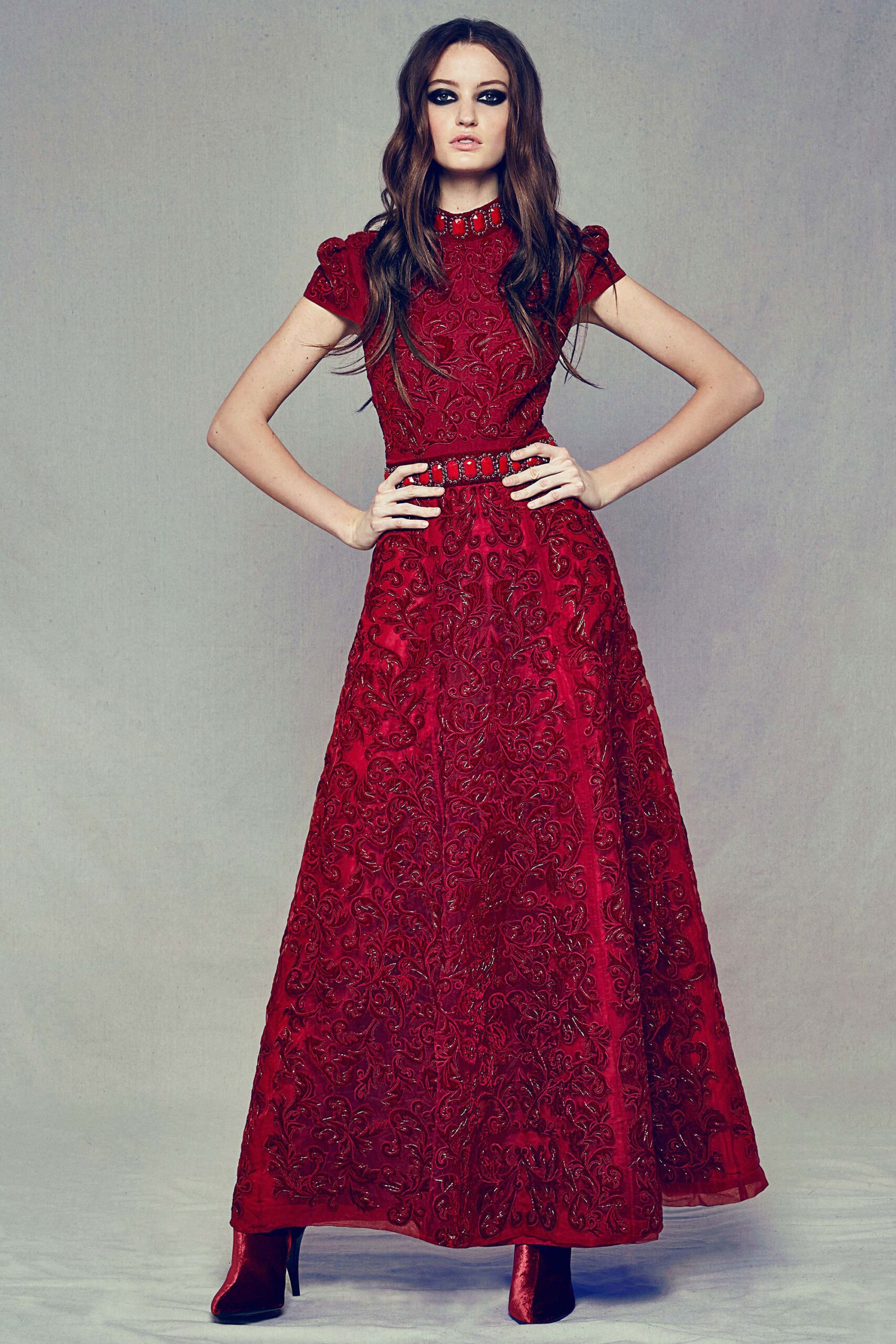 red embroidered silk gown