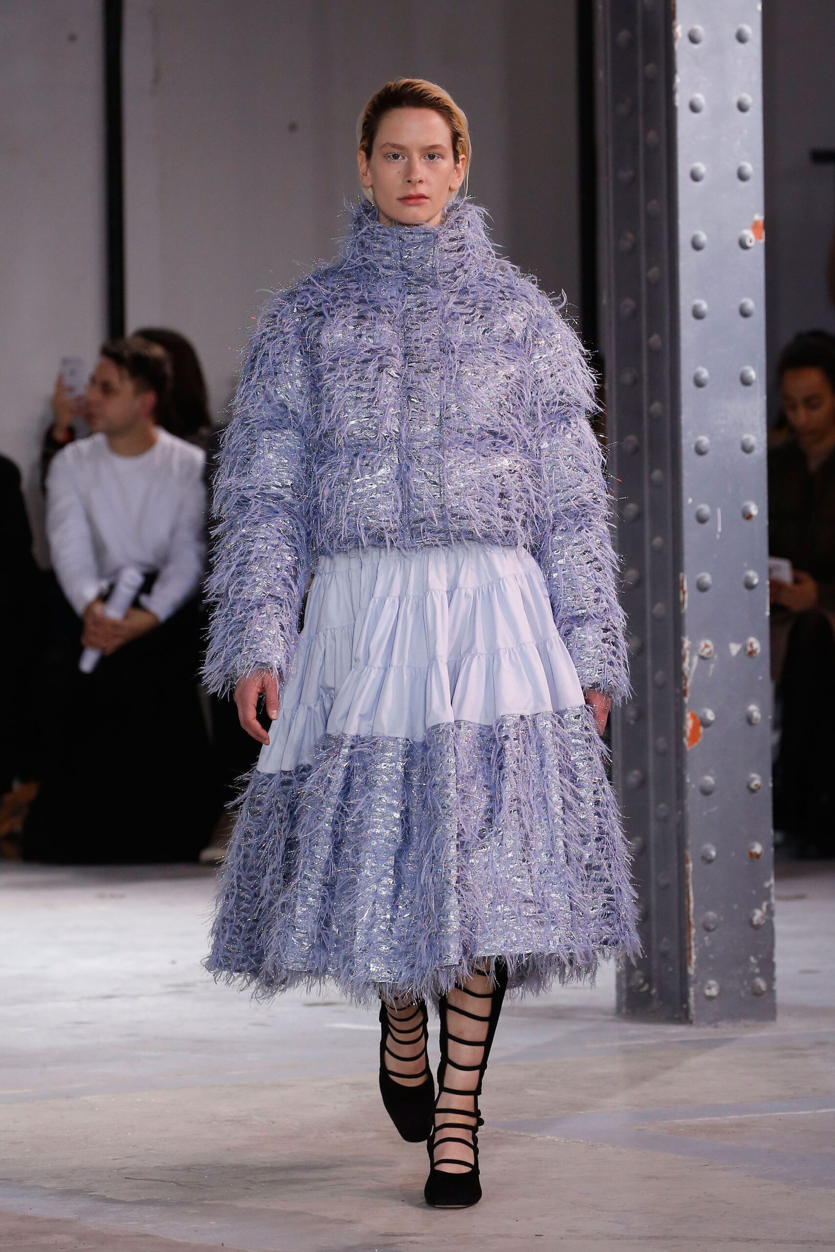 blue fur long-sleeve collared relaxed fringed textured jacket