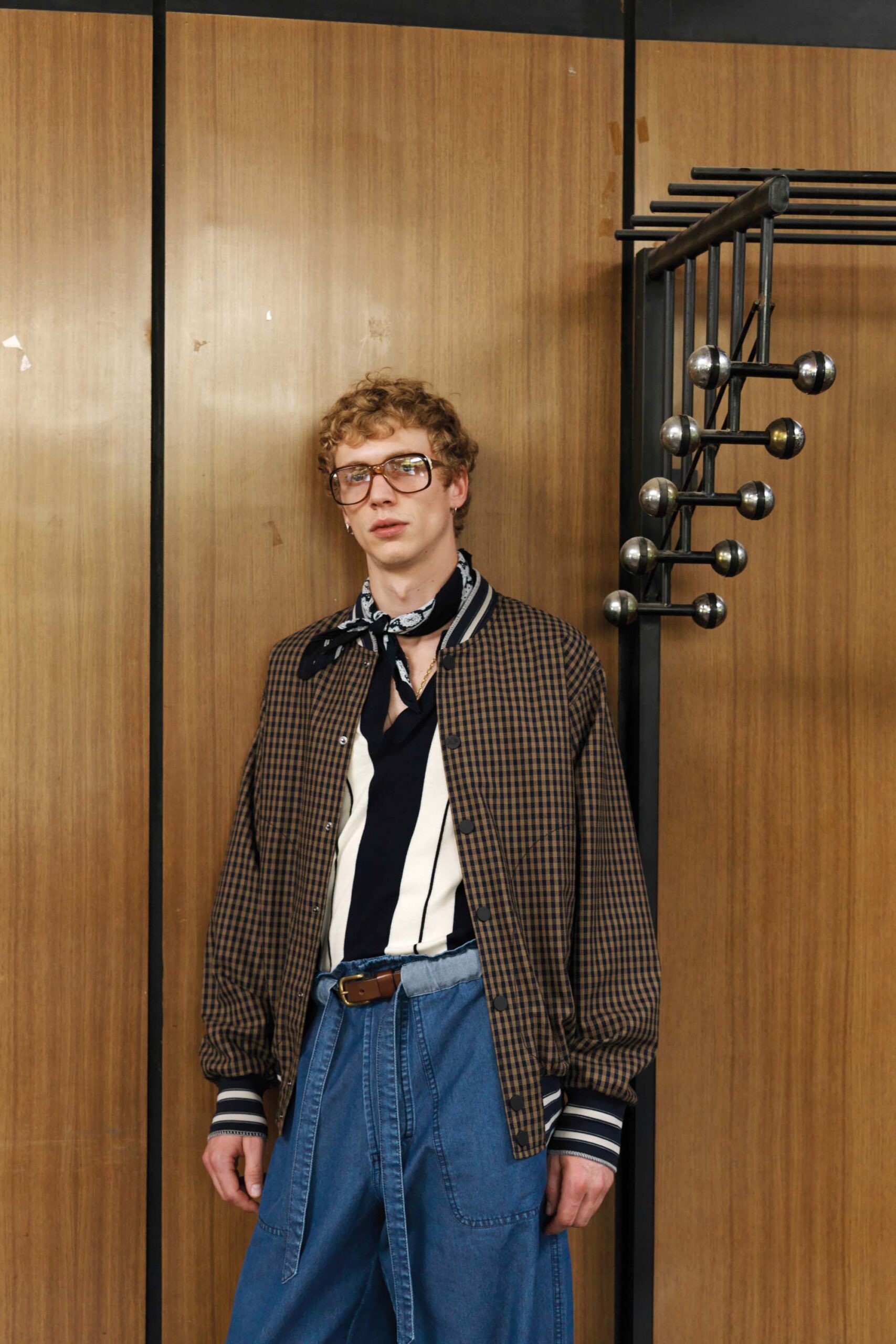 brown checked jacket with denim pants