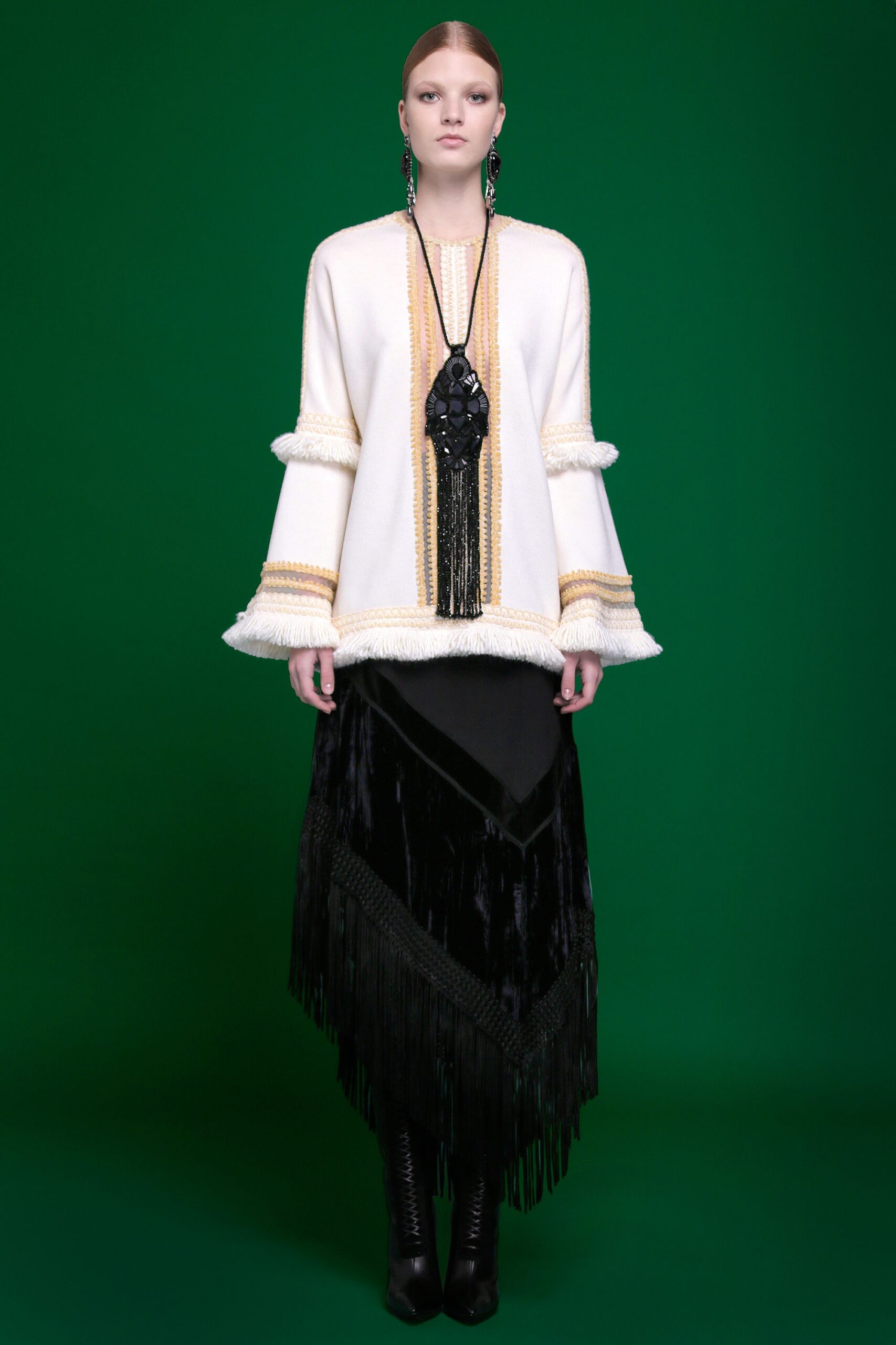 white wool long-sleeve relaxed fringed top