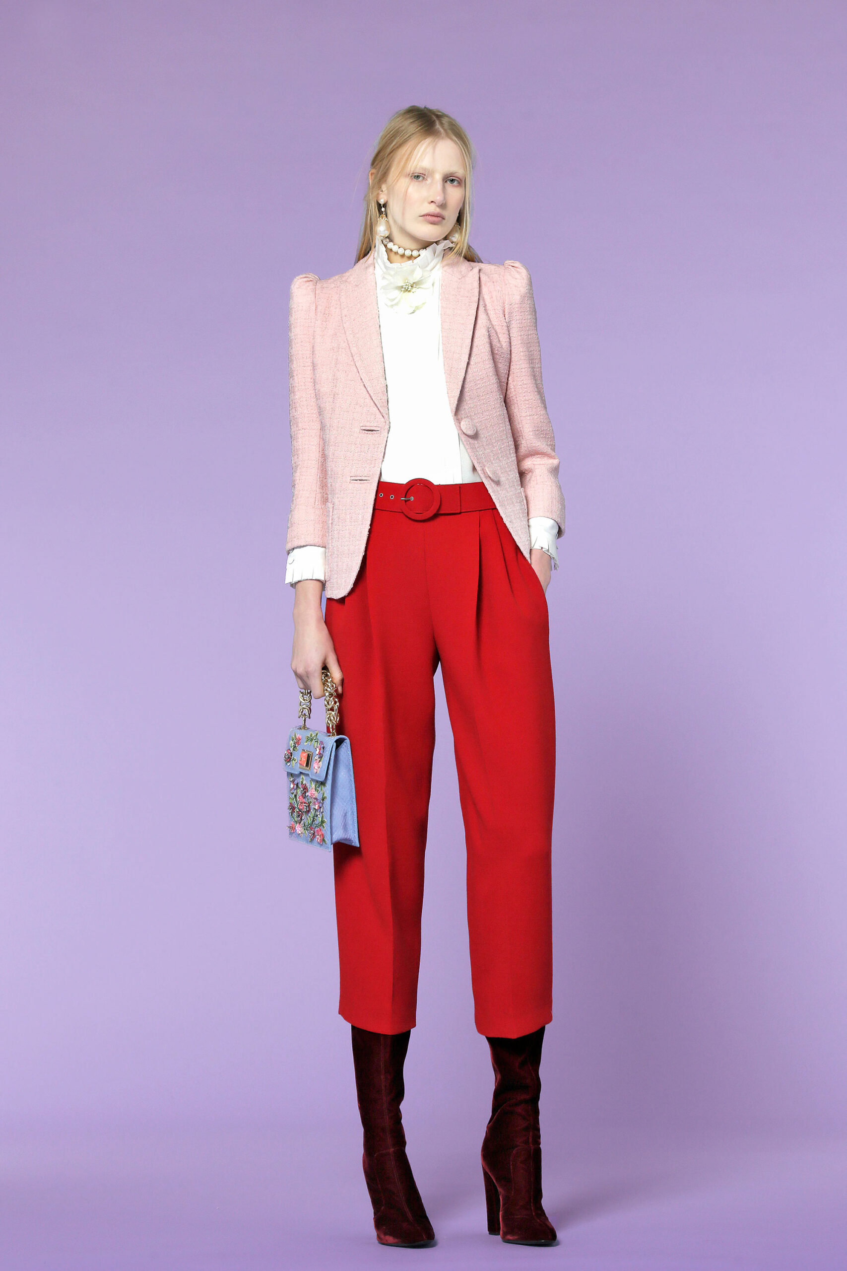 pink tweed long-sleeve collared tailored buttoned blazer
