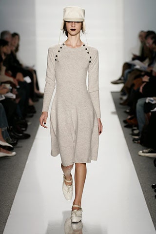 beige wool long-sleeve collared fitted a-line buttoned dress