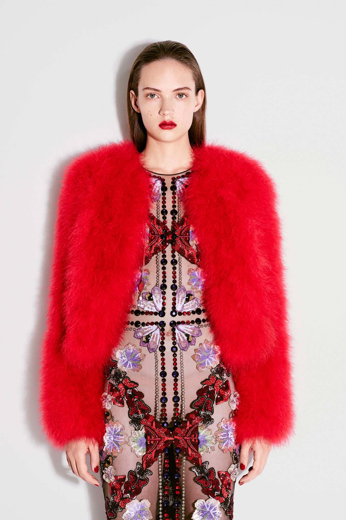 red faux-fur coat and dress