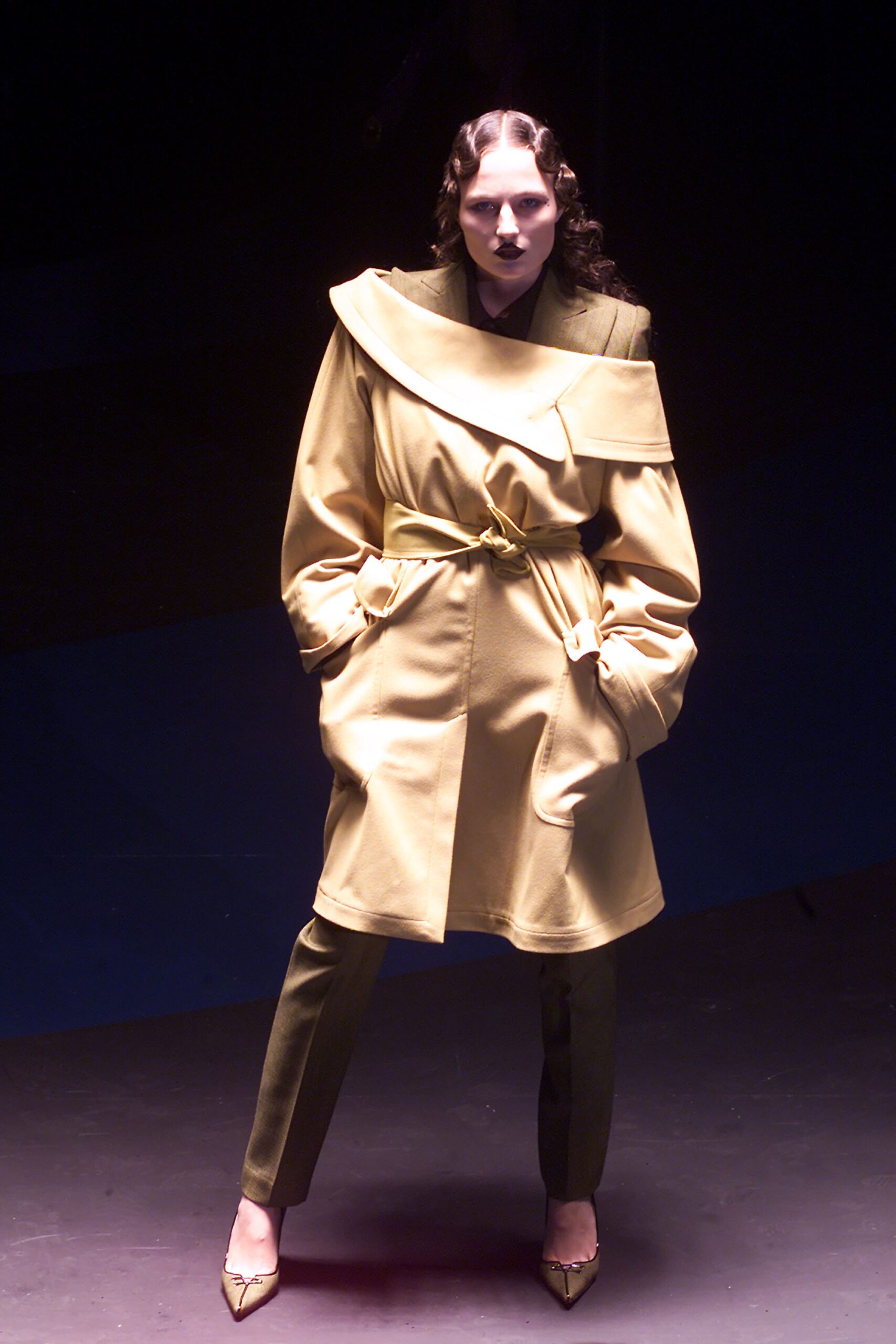 beige wool long-sleeve off-shoulder relaxed belted coat