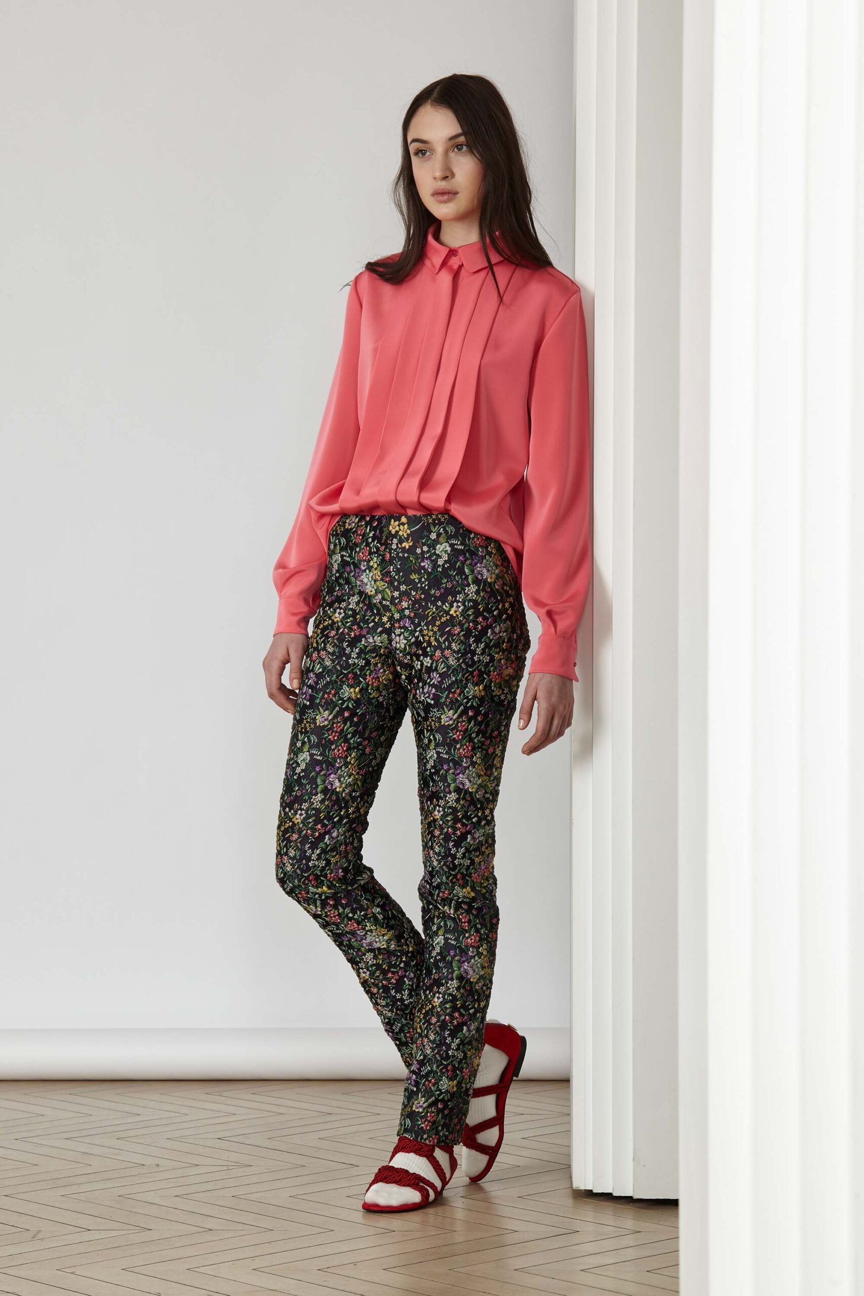 pink silk shirt with floral pants