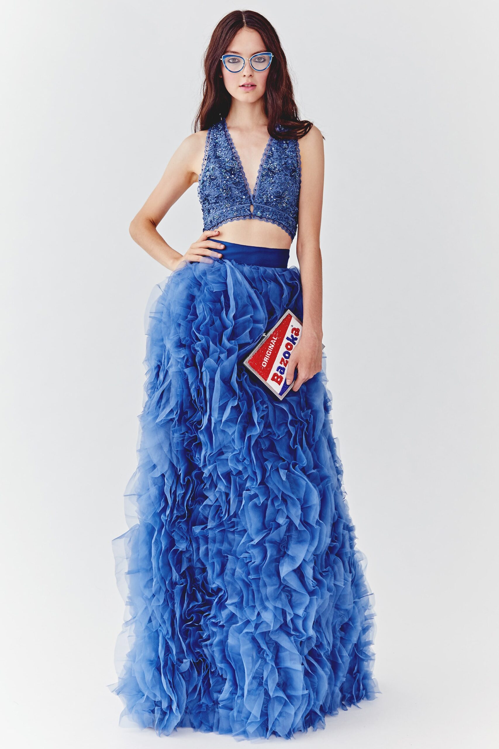 blue ruffled gown with crop-top