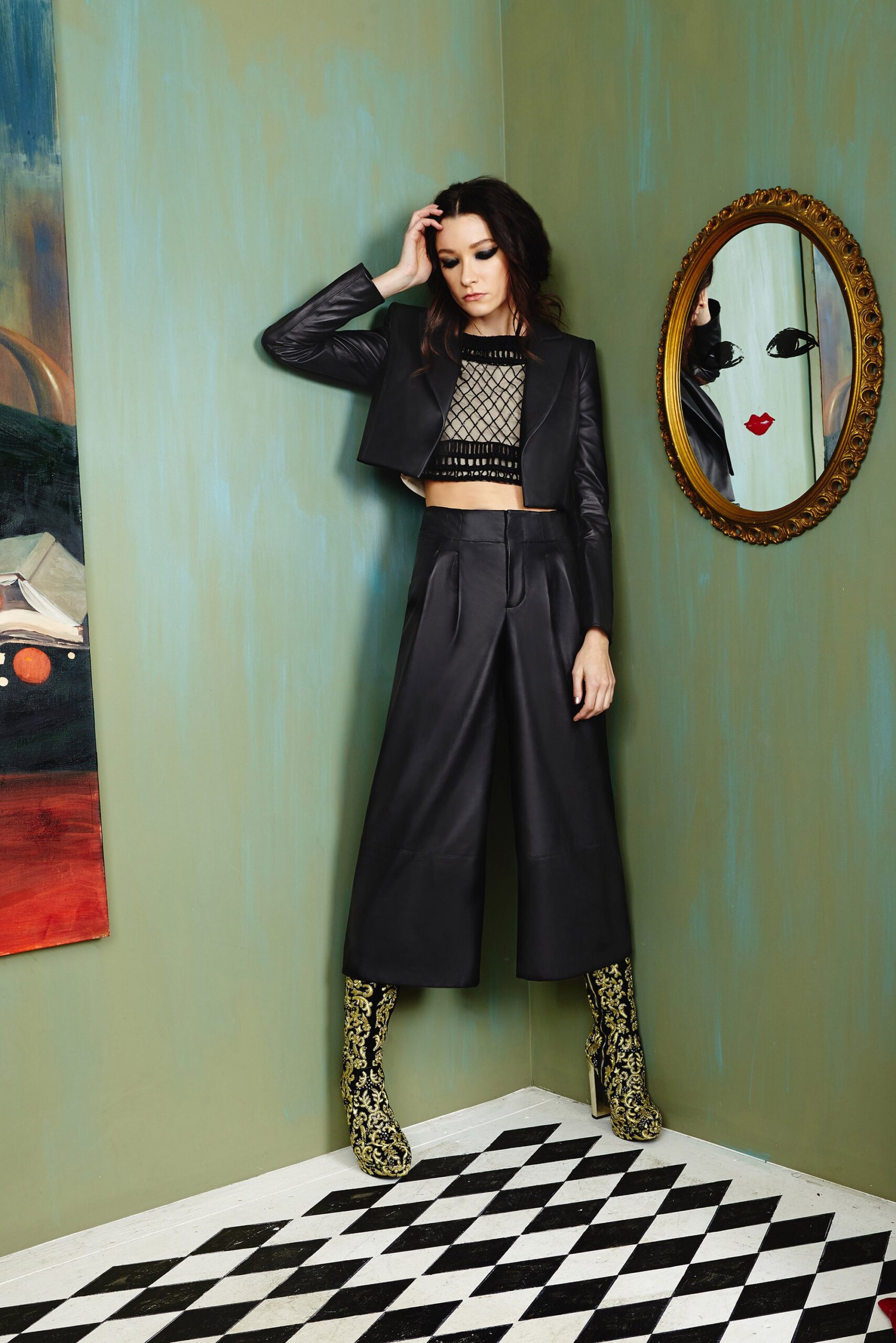 black leather jacket and pants