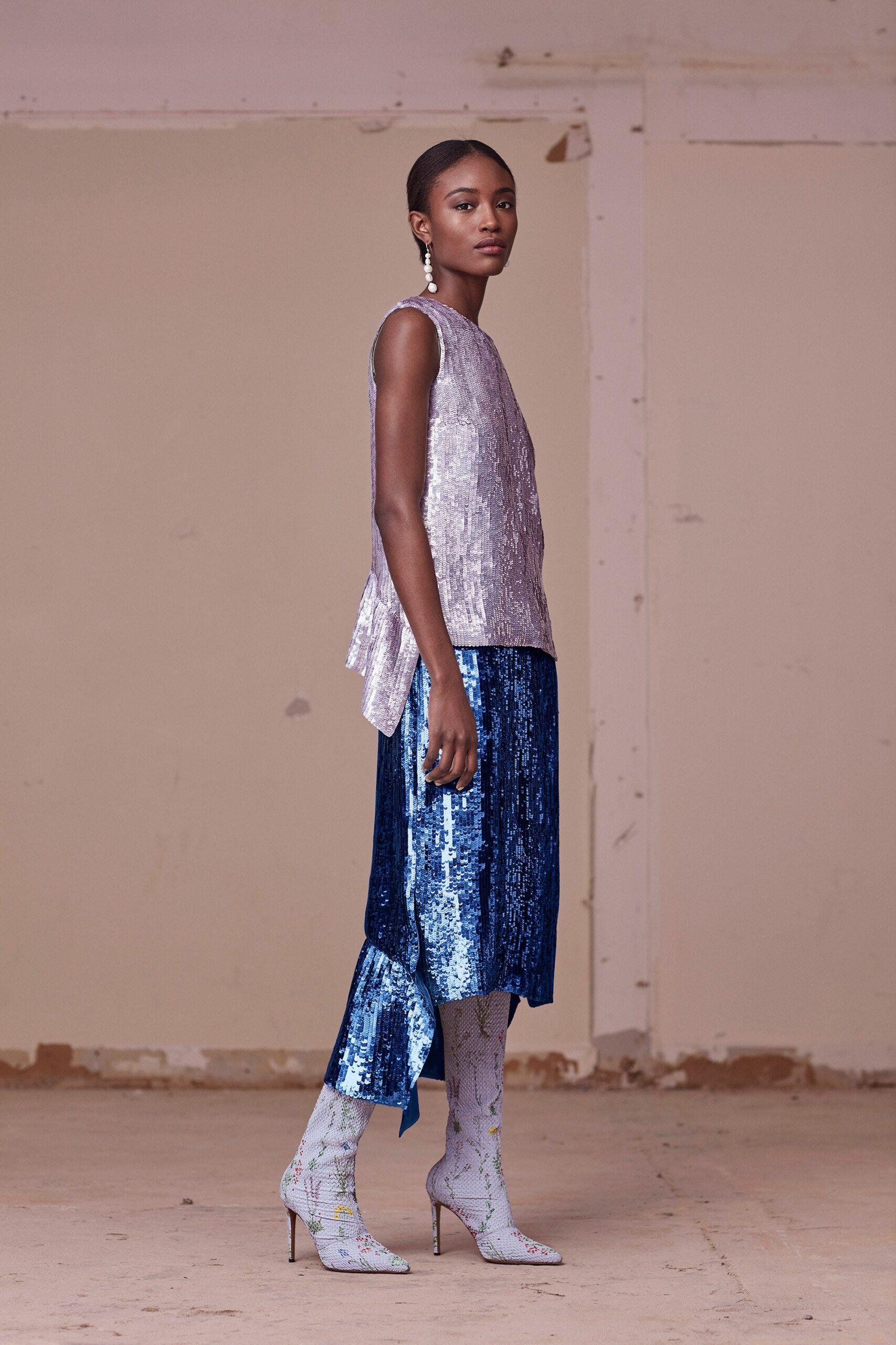 blue sequin asymmetric fitted tiered shiny midi skirt