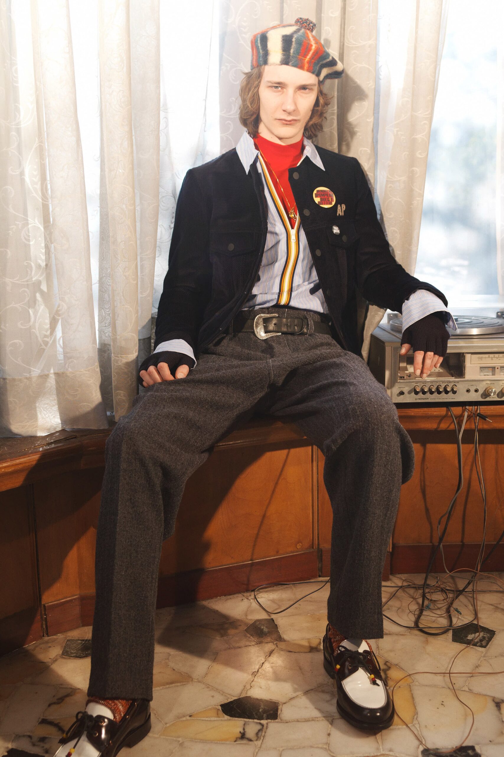 black jacket with gray pants