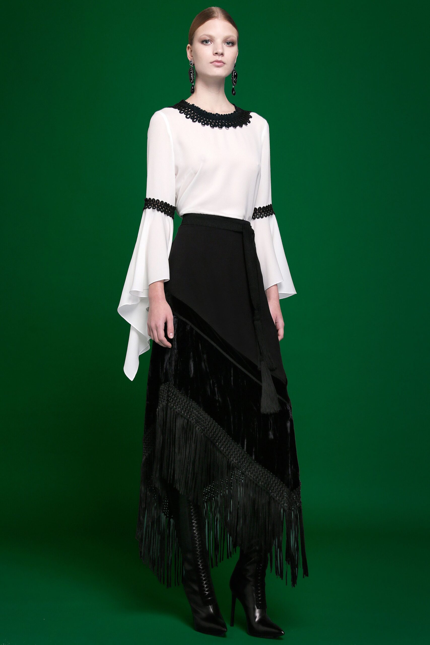 white silk blouse black fringed skirt