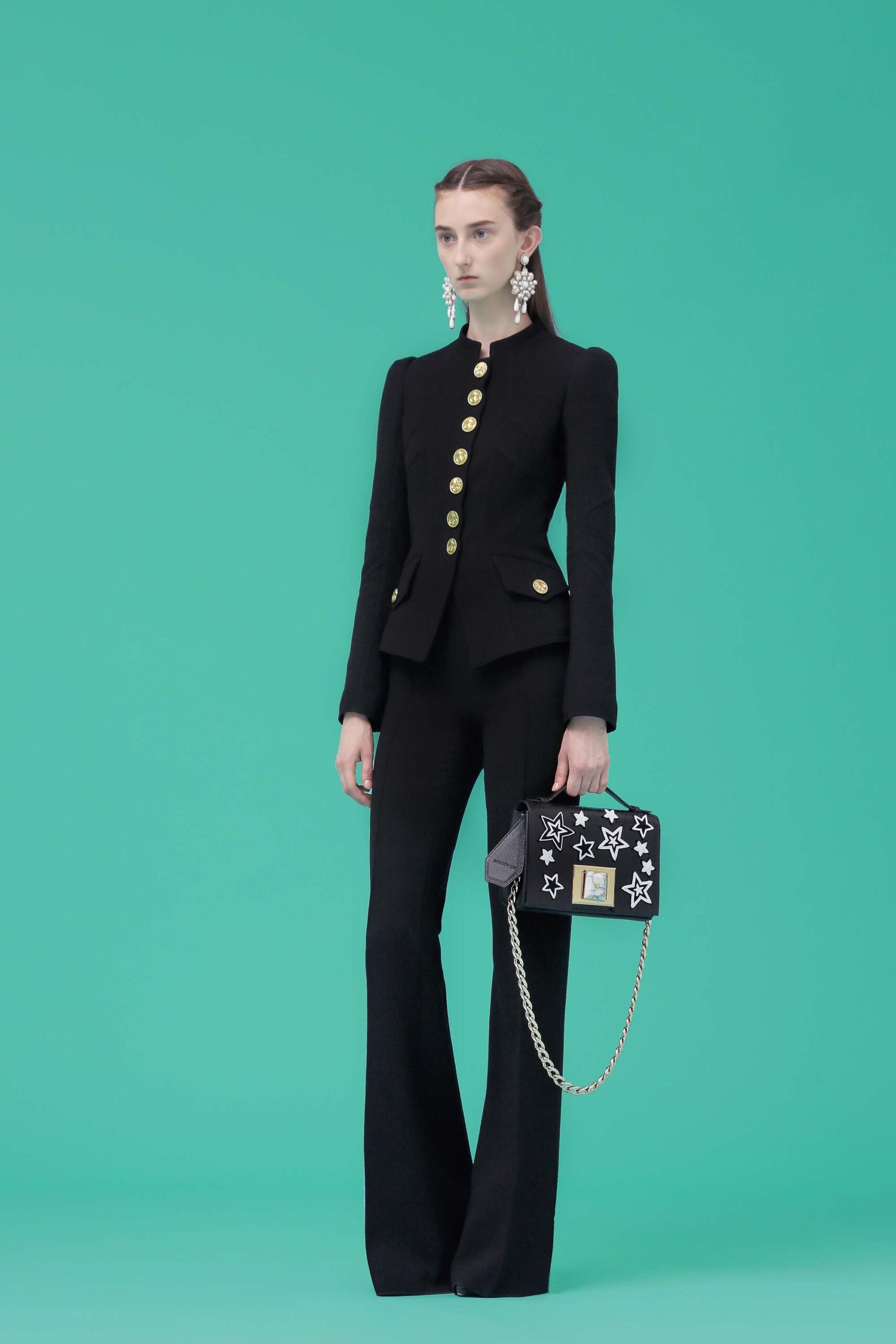 black fitted blazer and flared pants