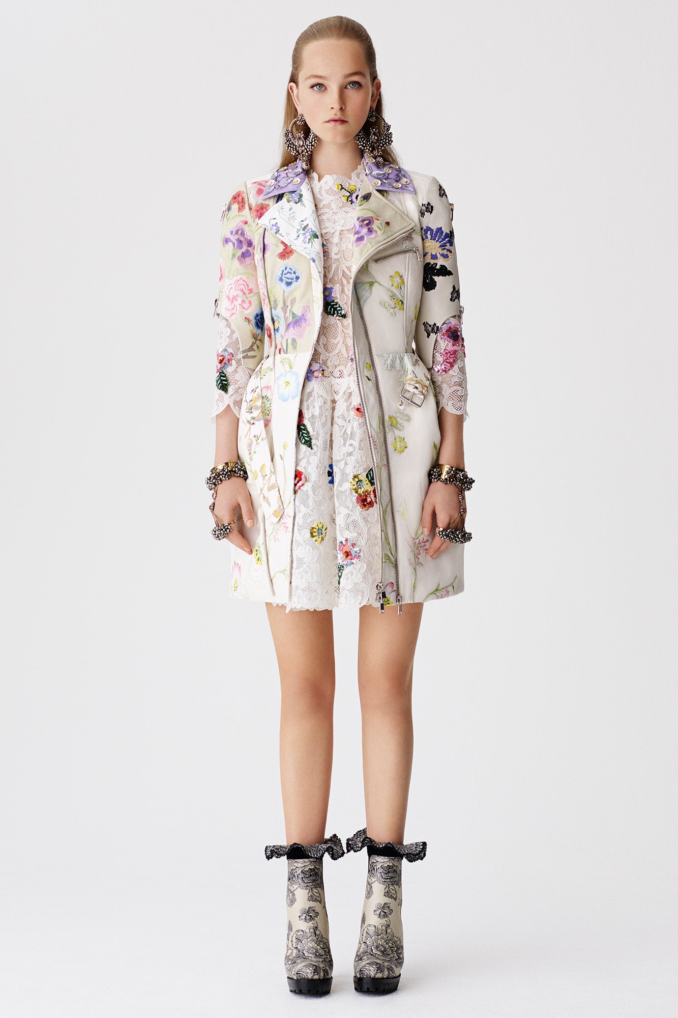 white embroidered coat and lace dress