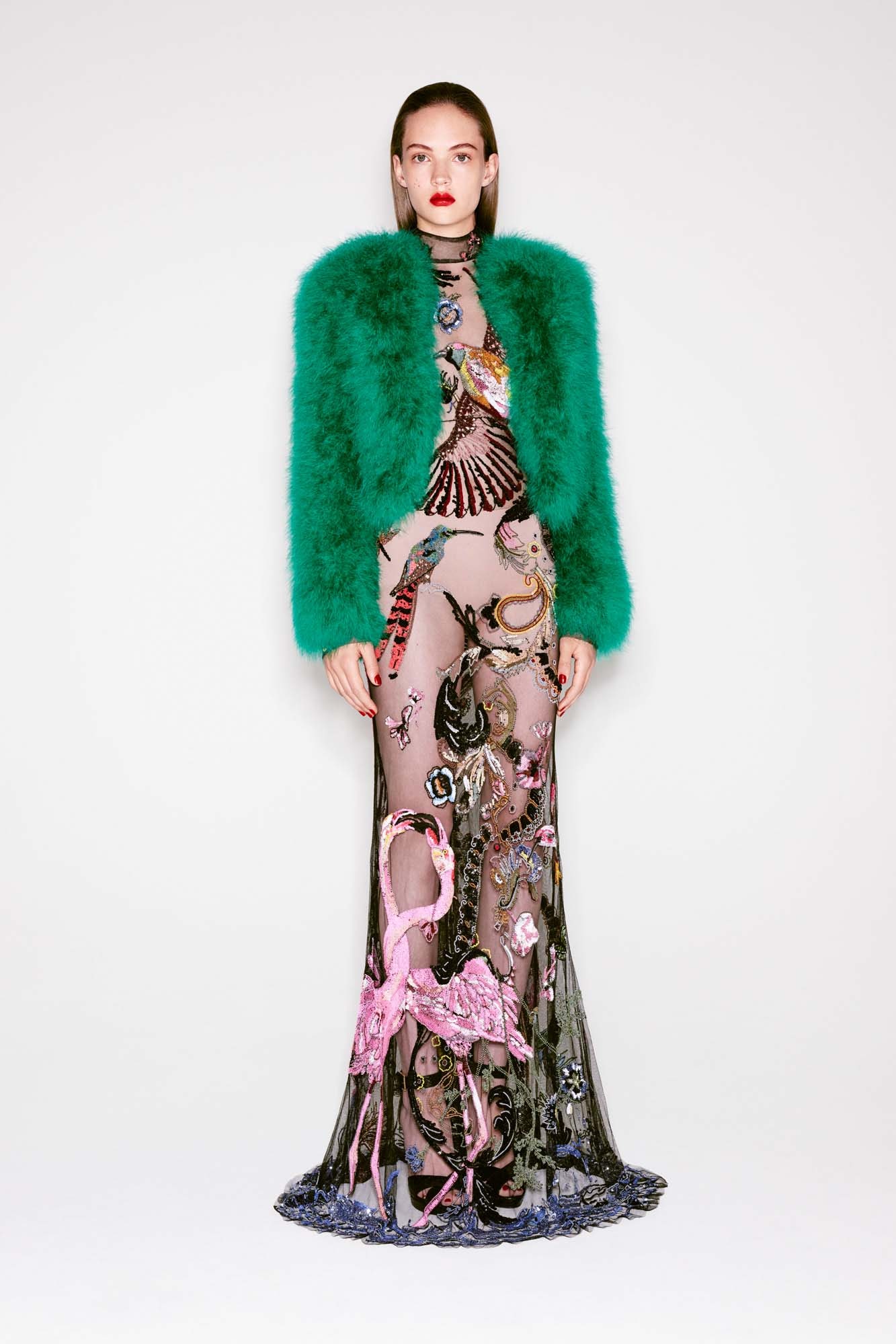 pink embellished gown with green faux-fur coat