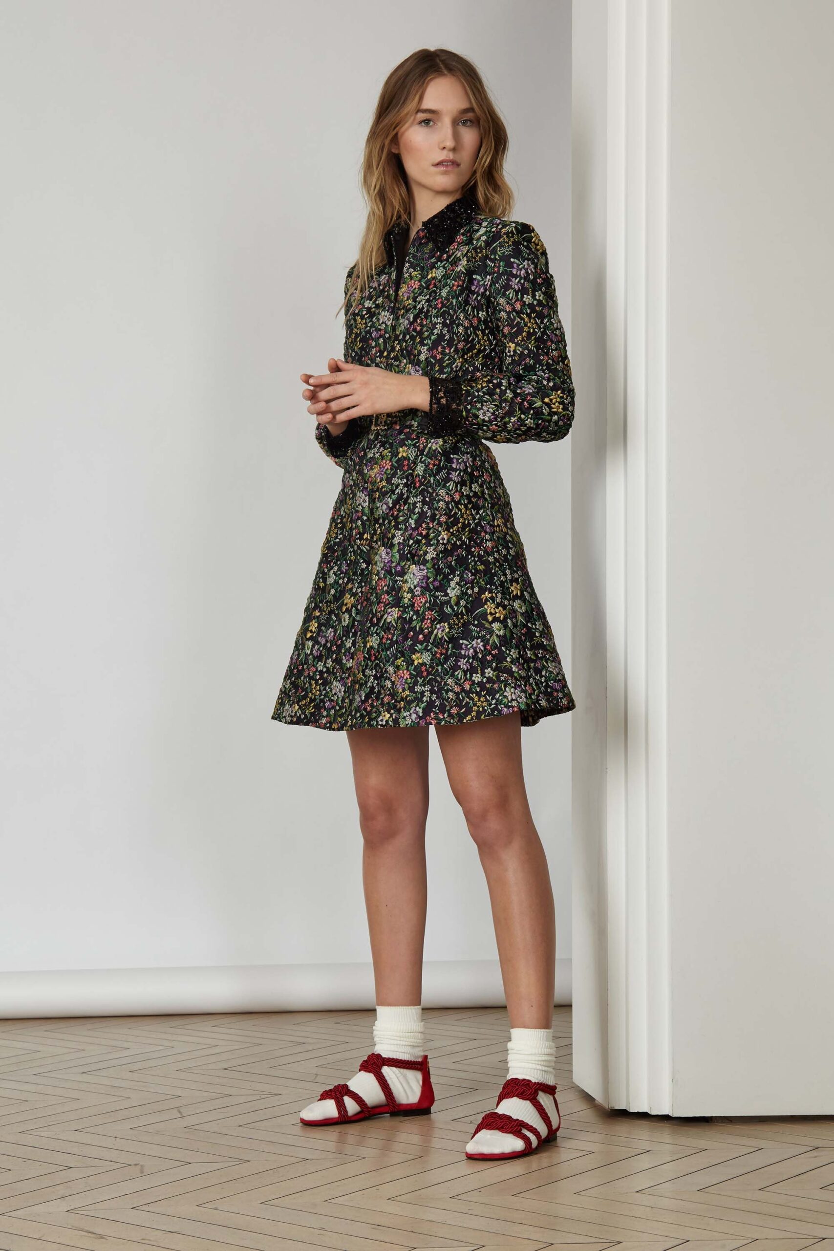 black floral mini dress with red shoes
