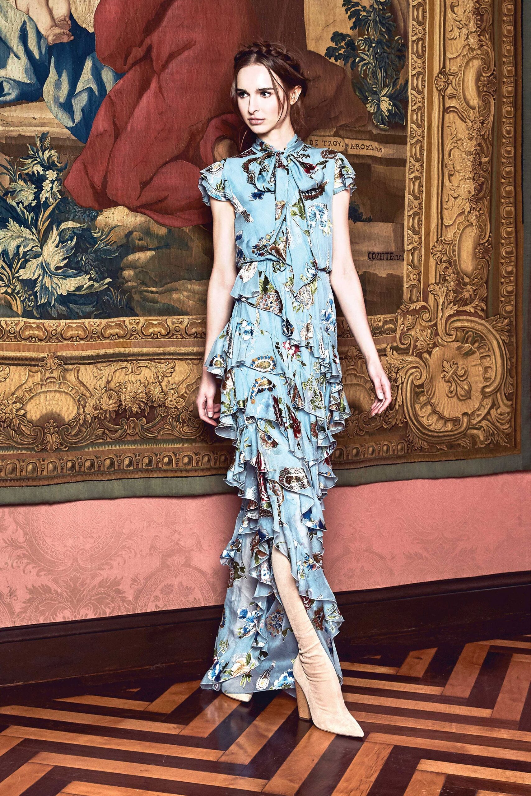 blue silk ruffled maxi dress