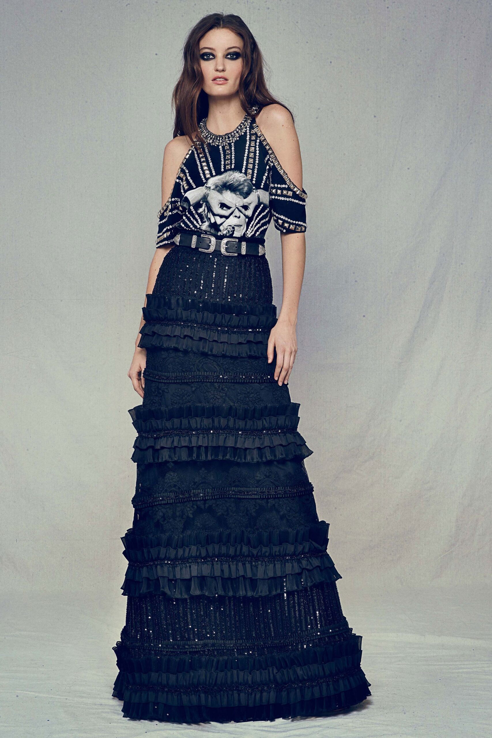 black and white embroidered top with tiered skirt