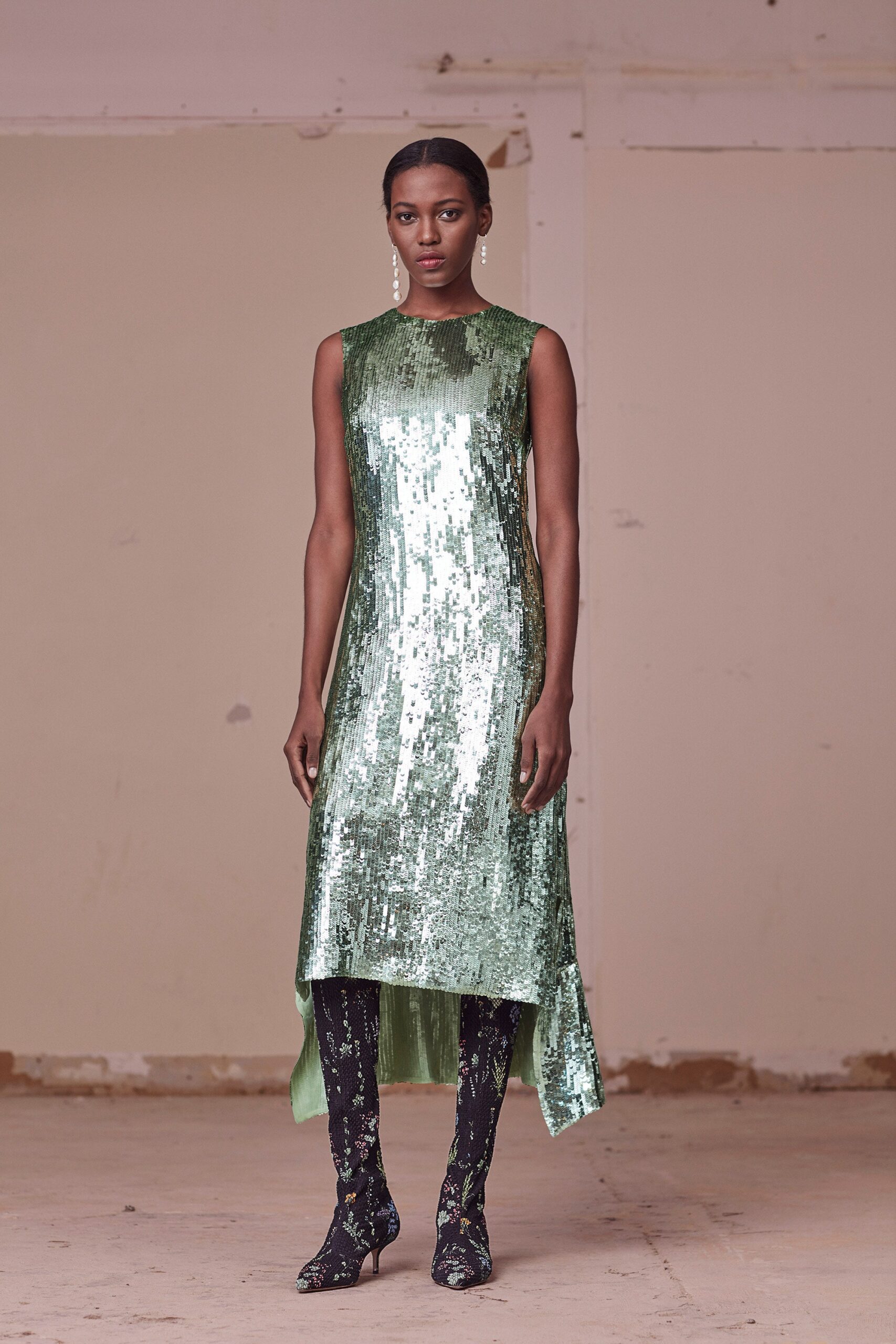 green sequin sleeveless high-neck fitted shiny midi dress