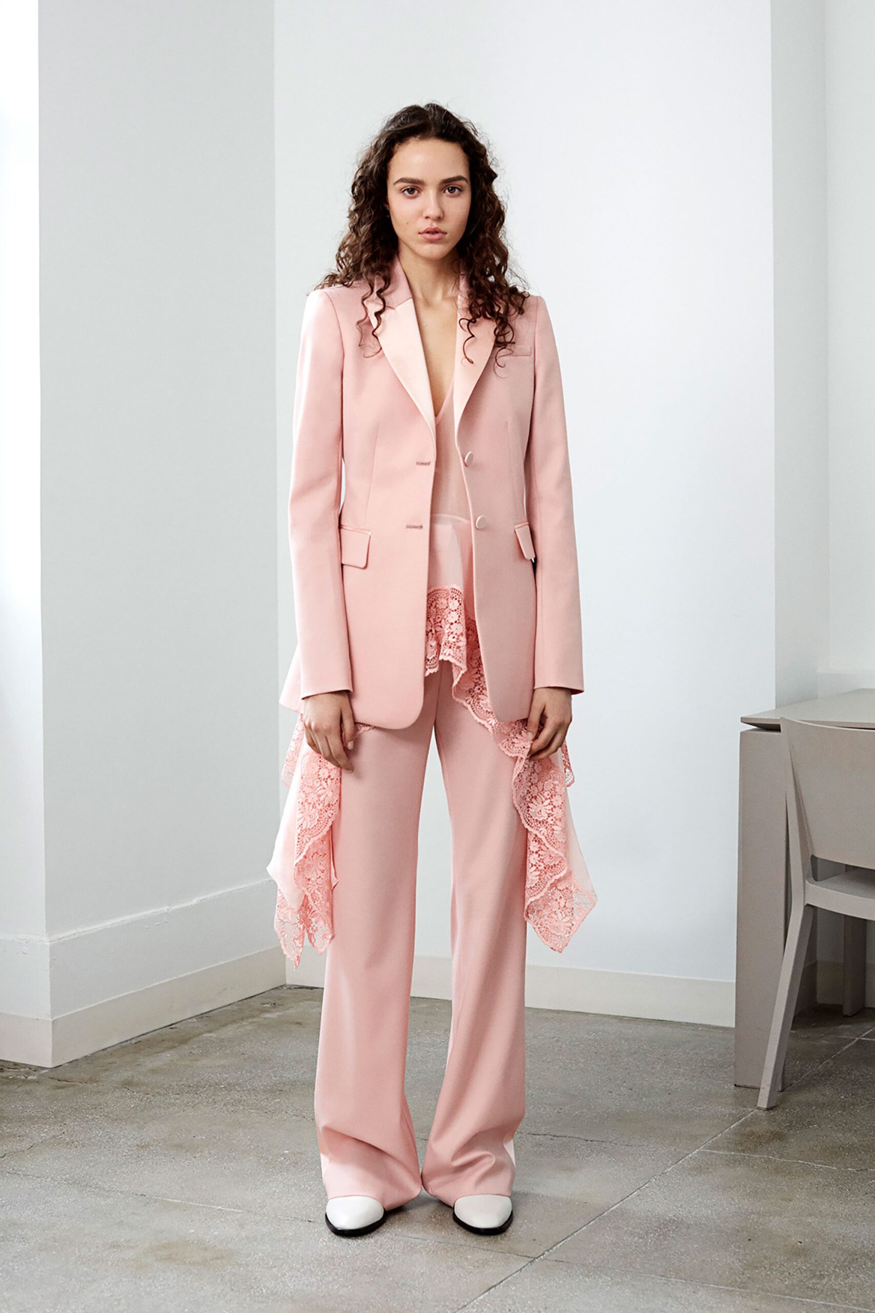 pink cotton long-sleeve collared tailored layered blazer