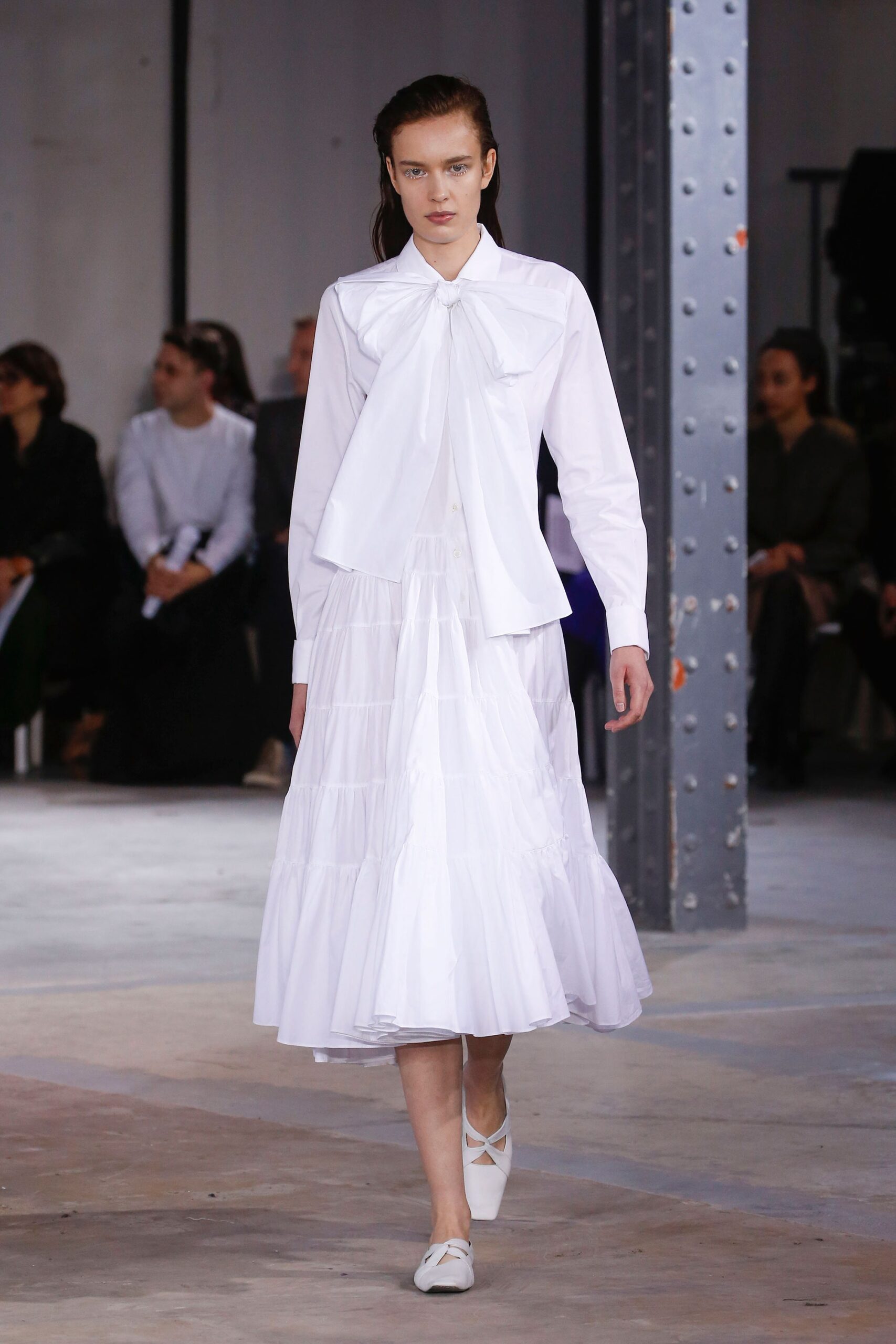 white blouse and tiered skirt