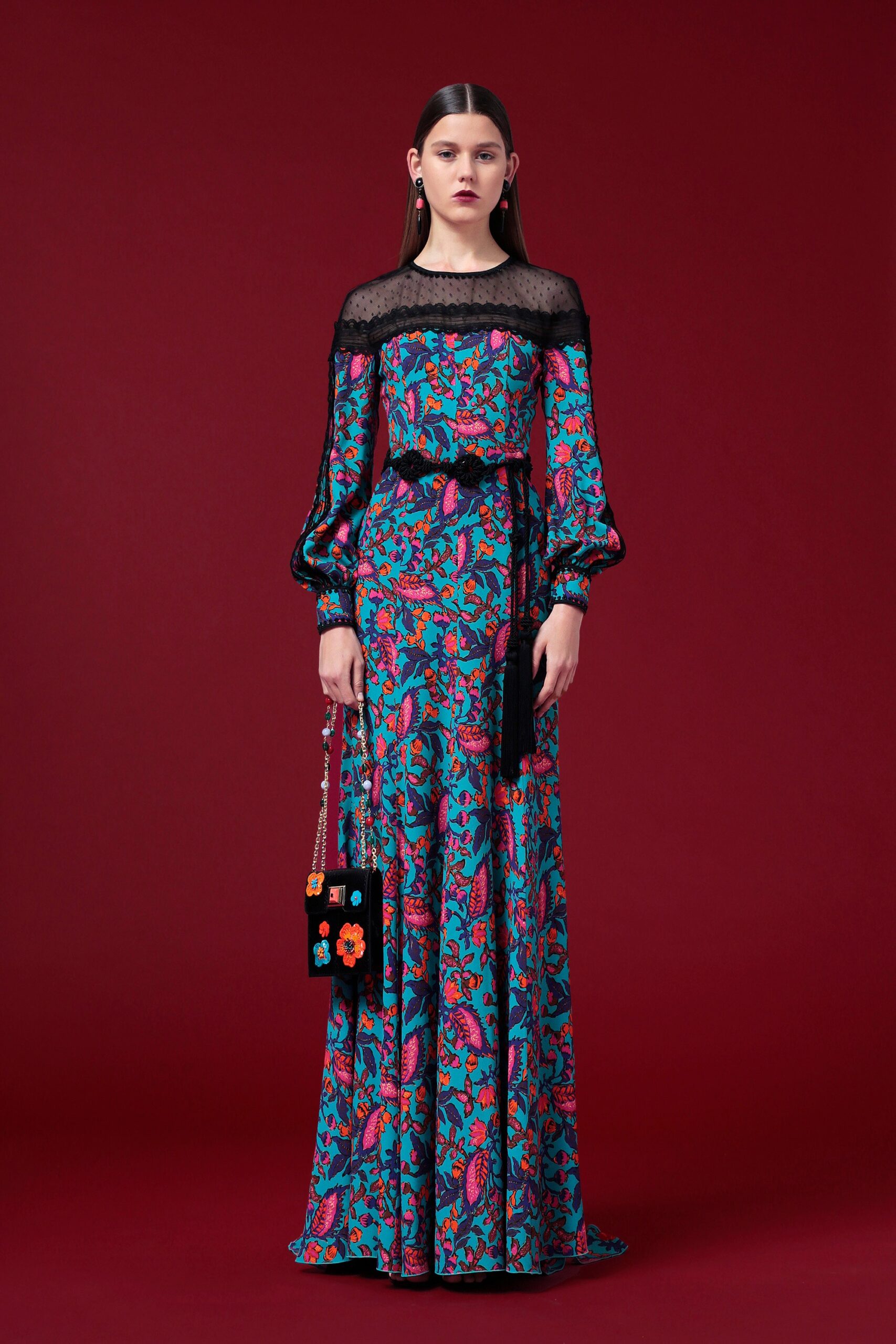 blue floral off-shoulder gown