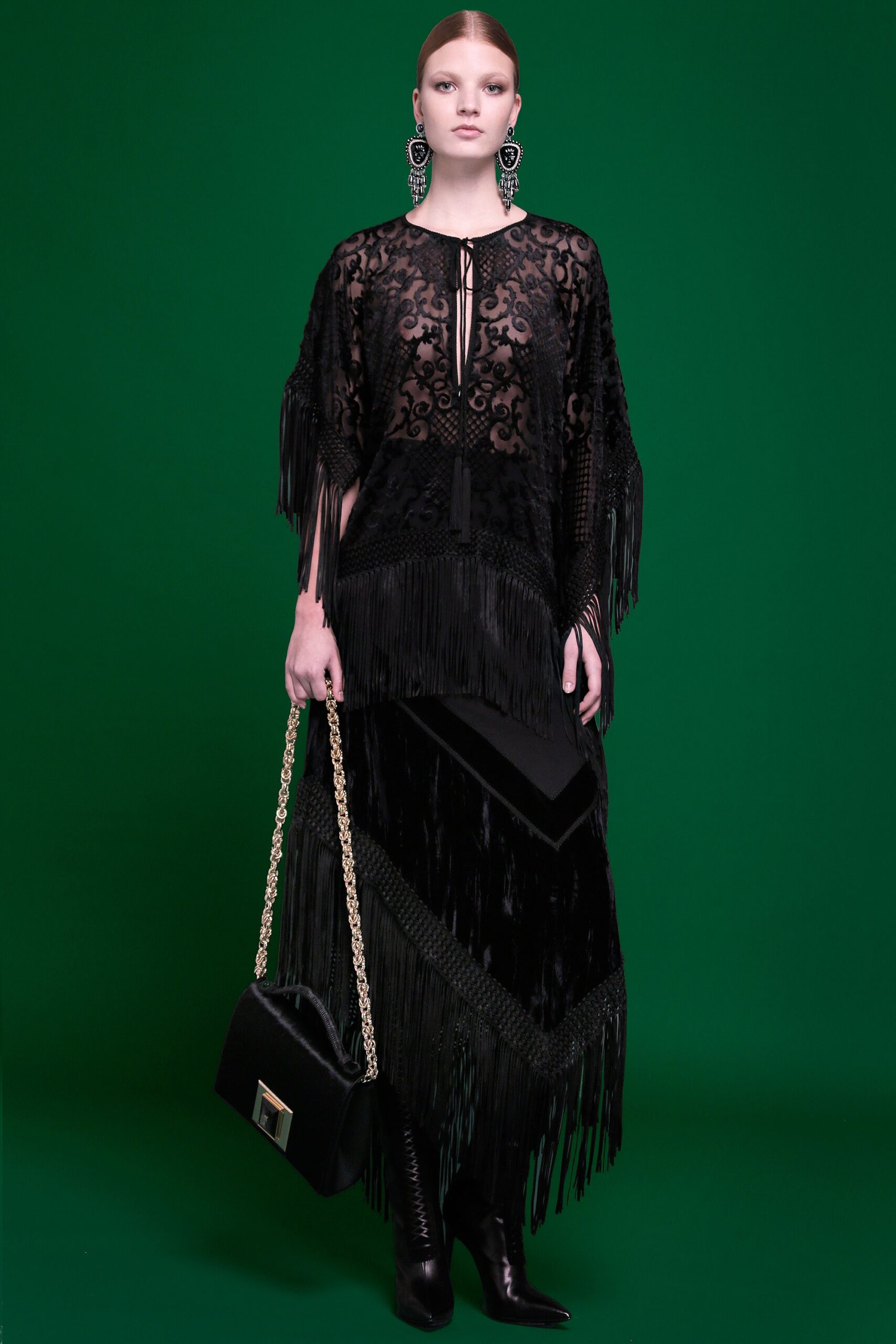 black lace velvet fringed dress