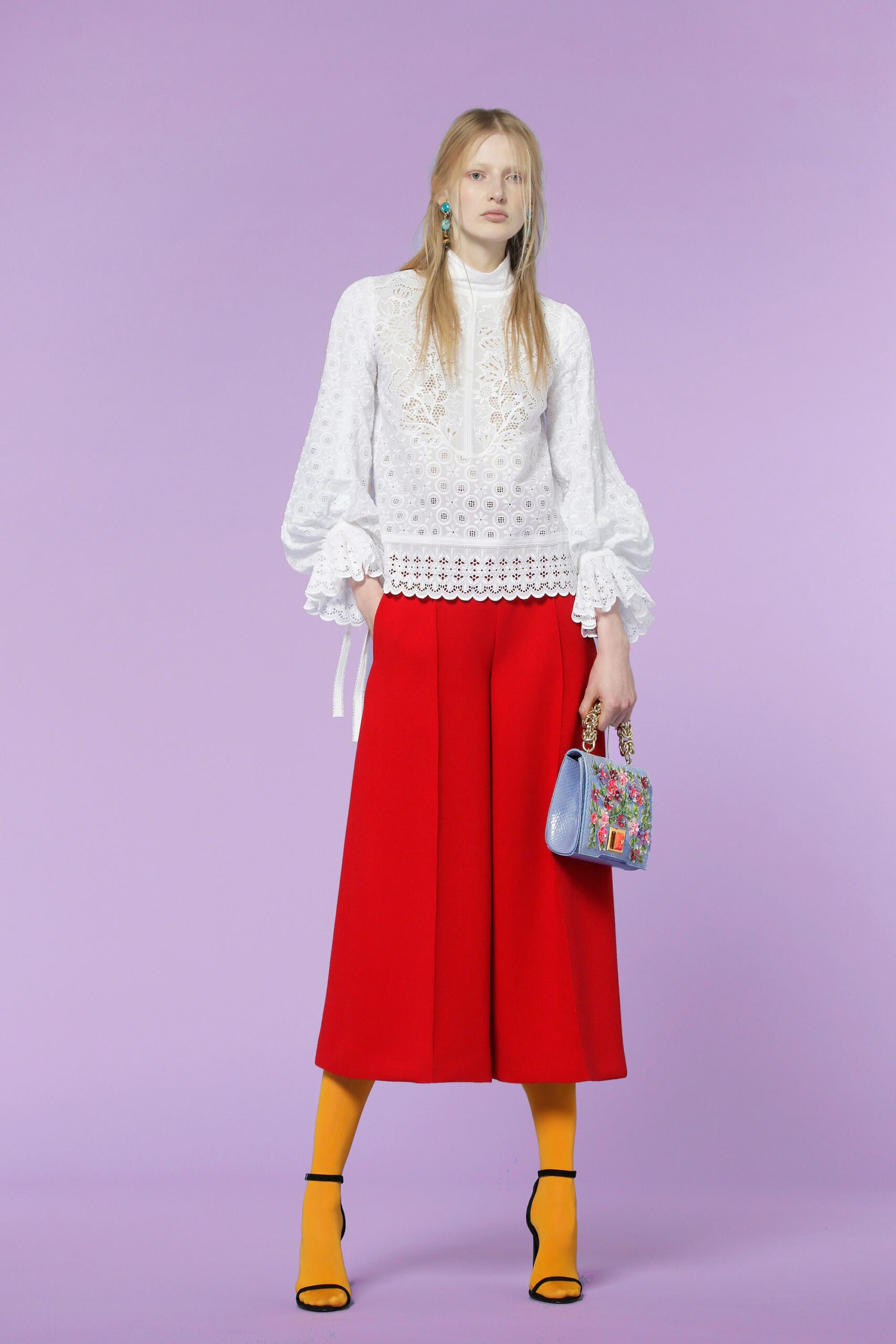 white embroidered blouse with red culottes