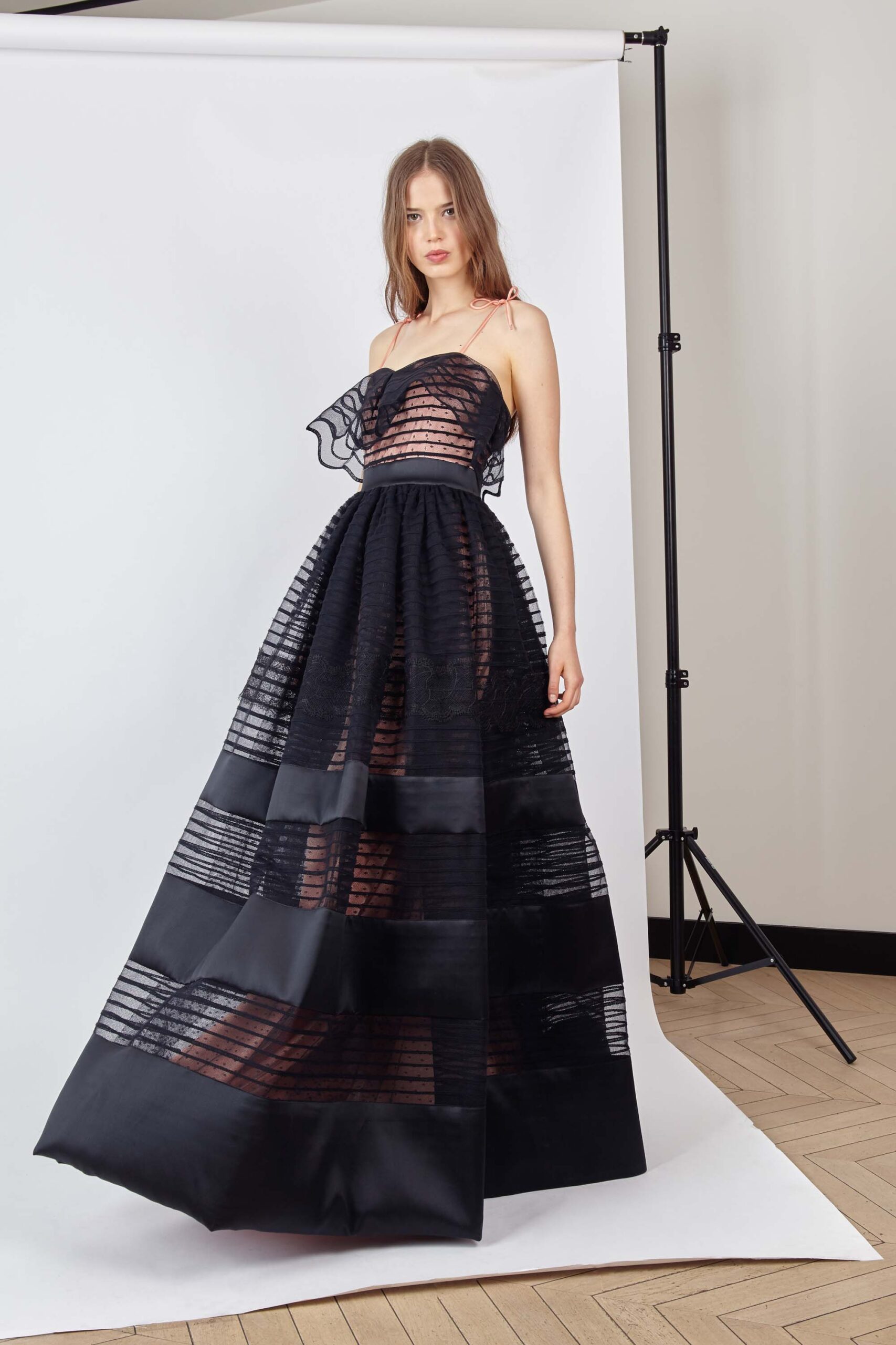 black silk off-shoulder gown