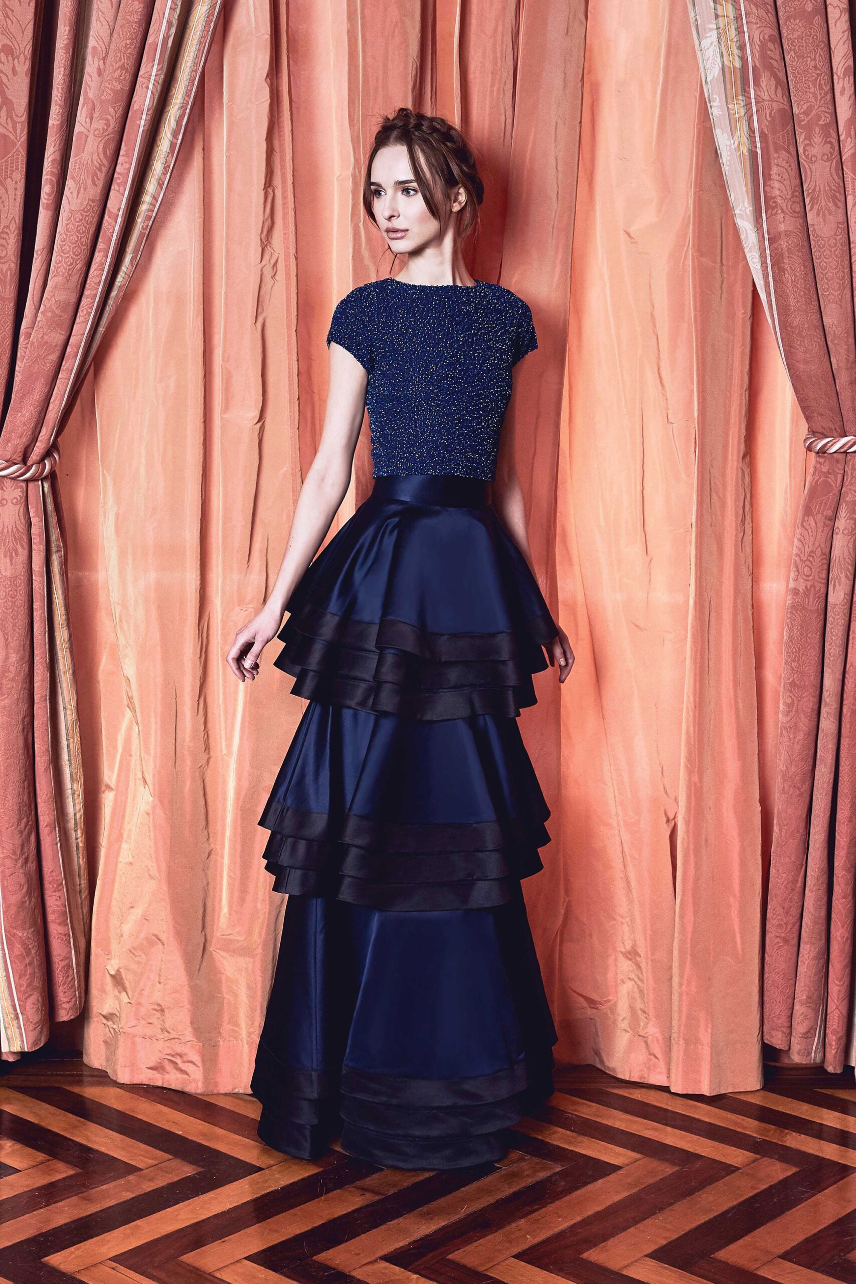 navy silk tiered gown