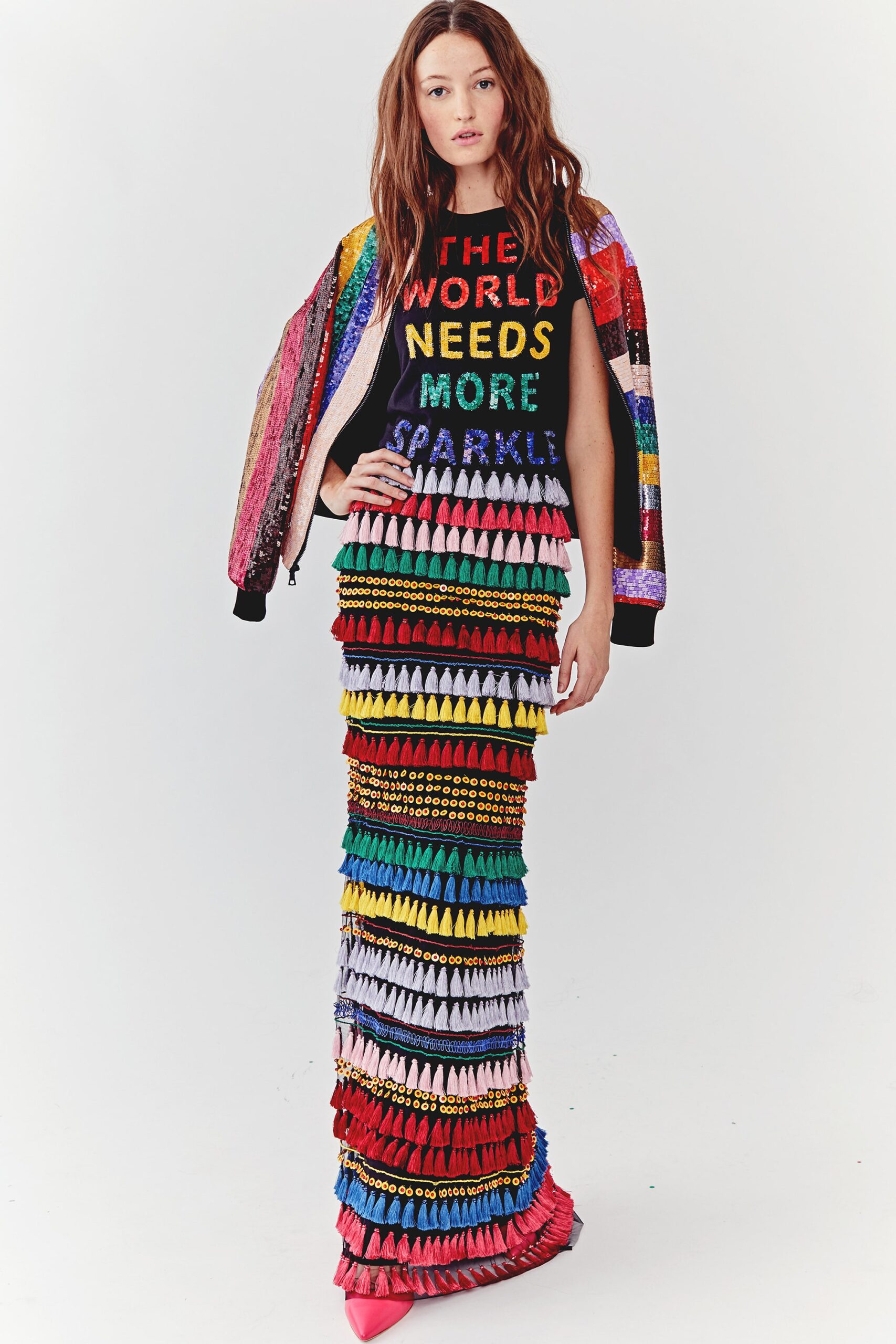 multi-colored layered maxi dress with sequin jacket