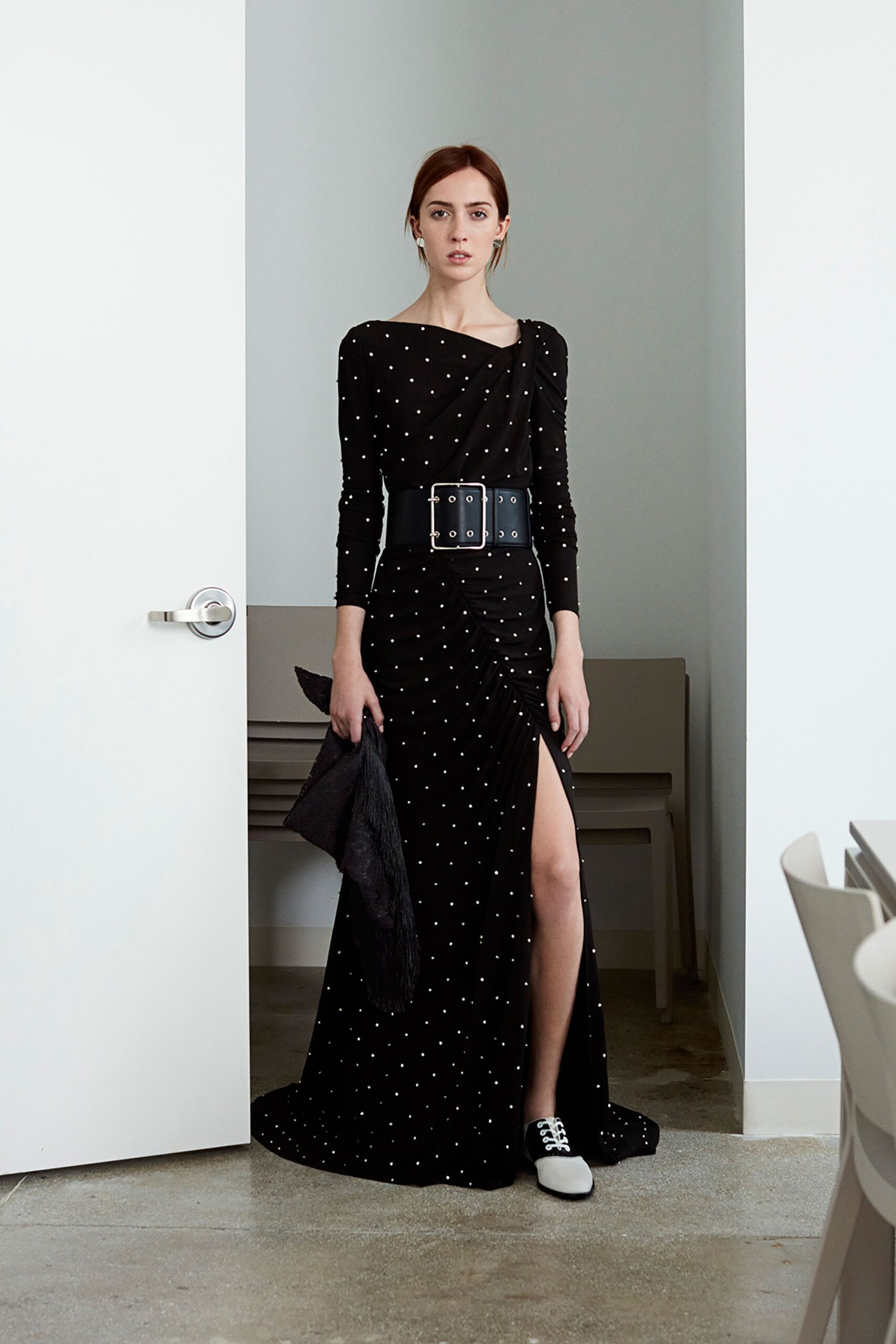 black cotton long-sleeve v-neck fitted ruched beaded gown