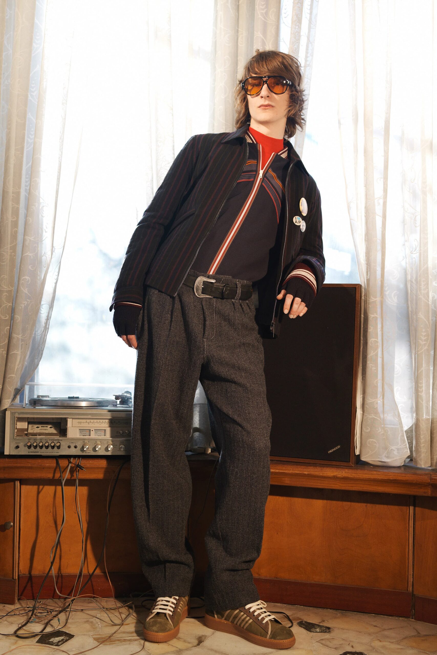 relaxed black jacket with striped shirt