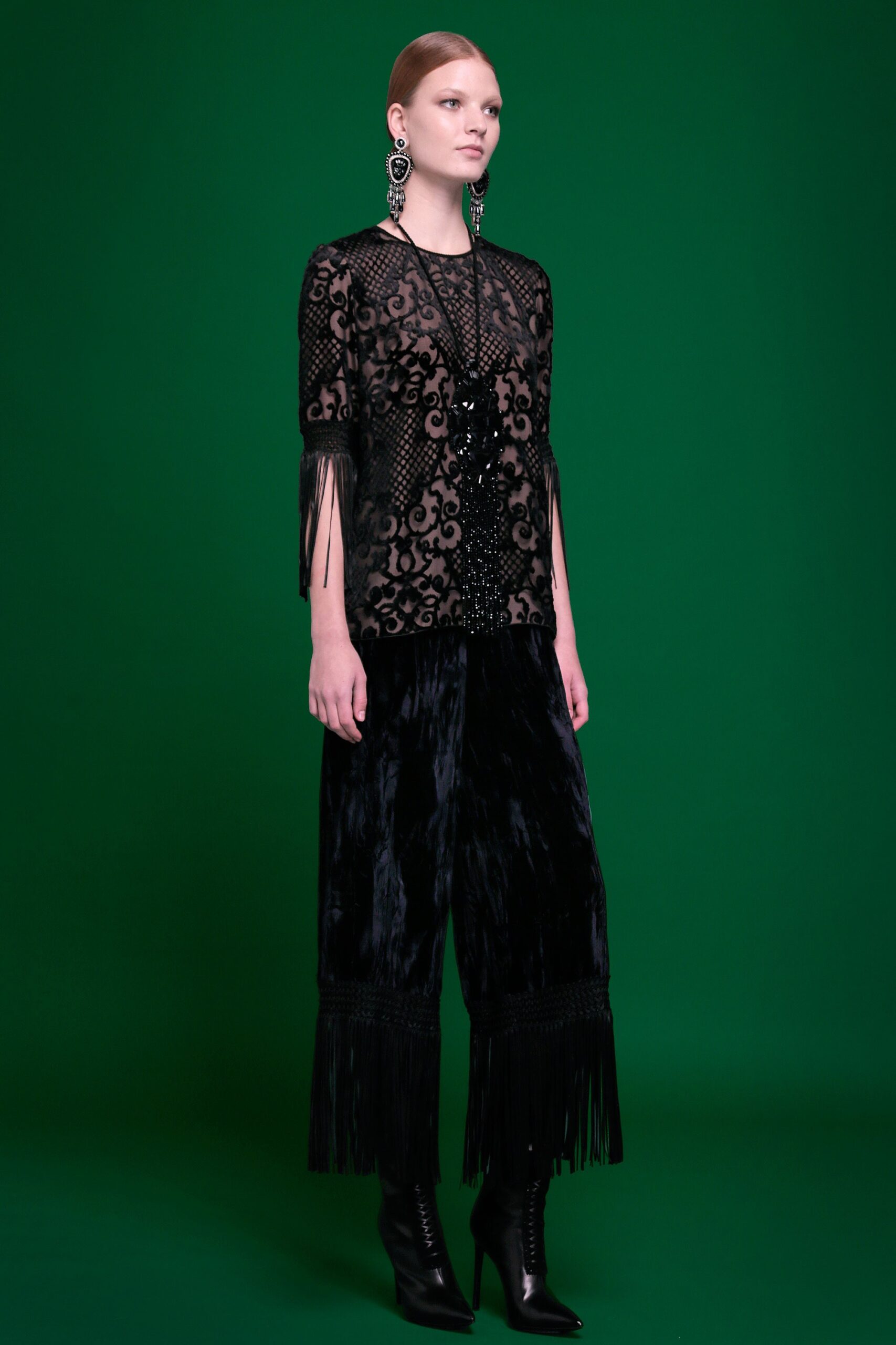 black lace top with velvet pants