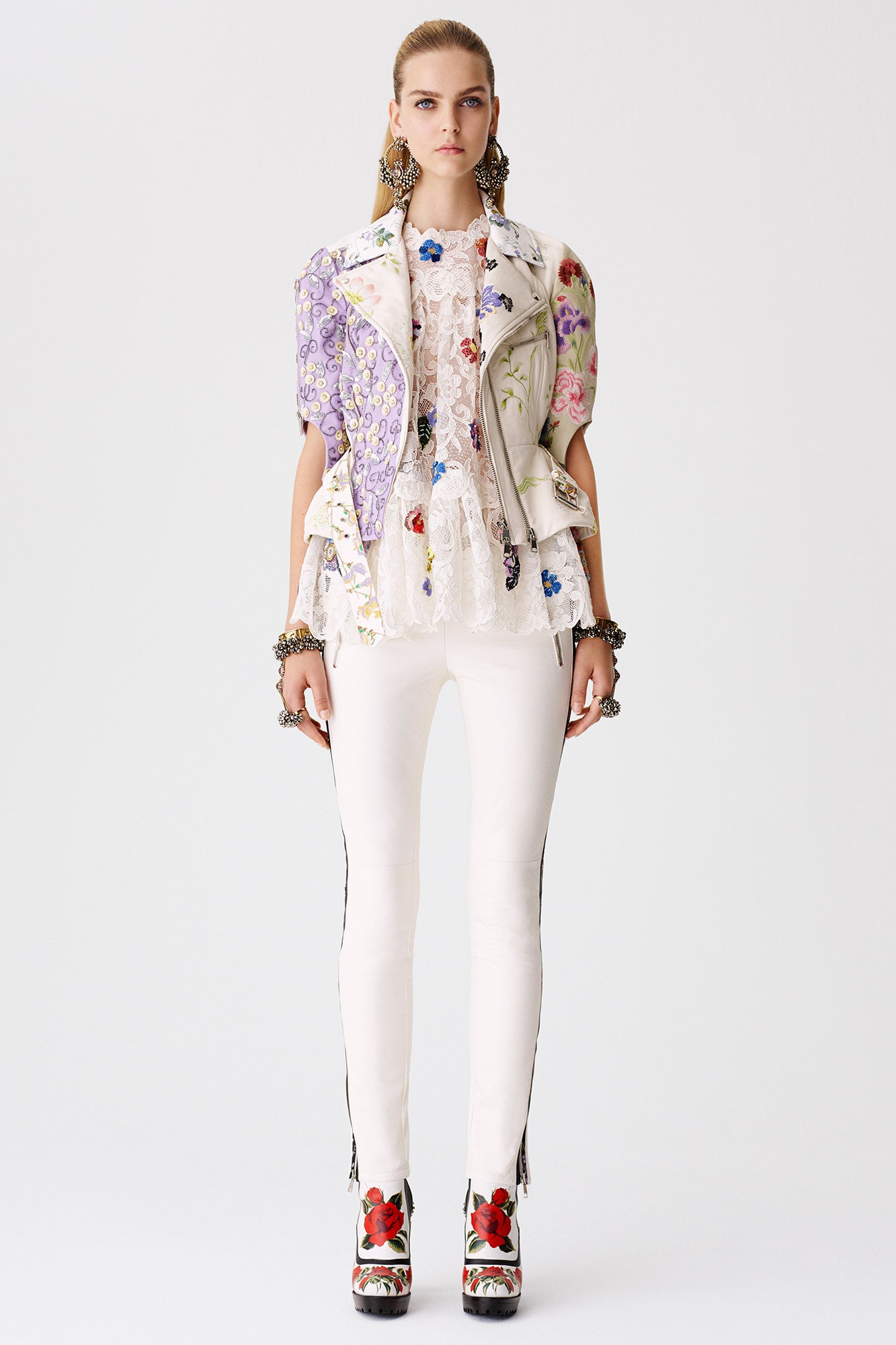 fitted white leather jacket with lace blouse