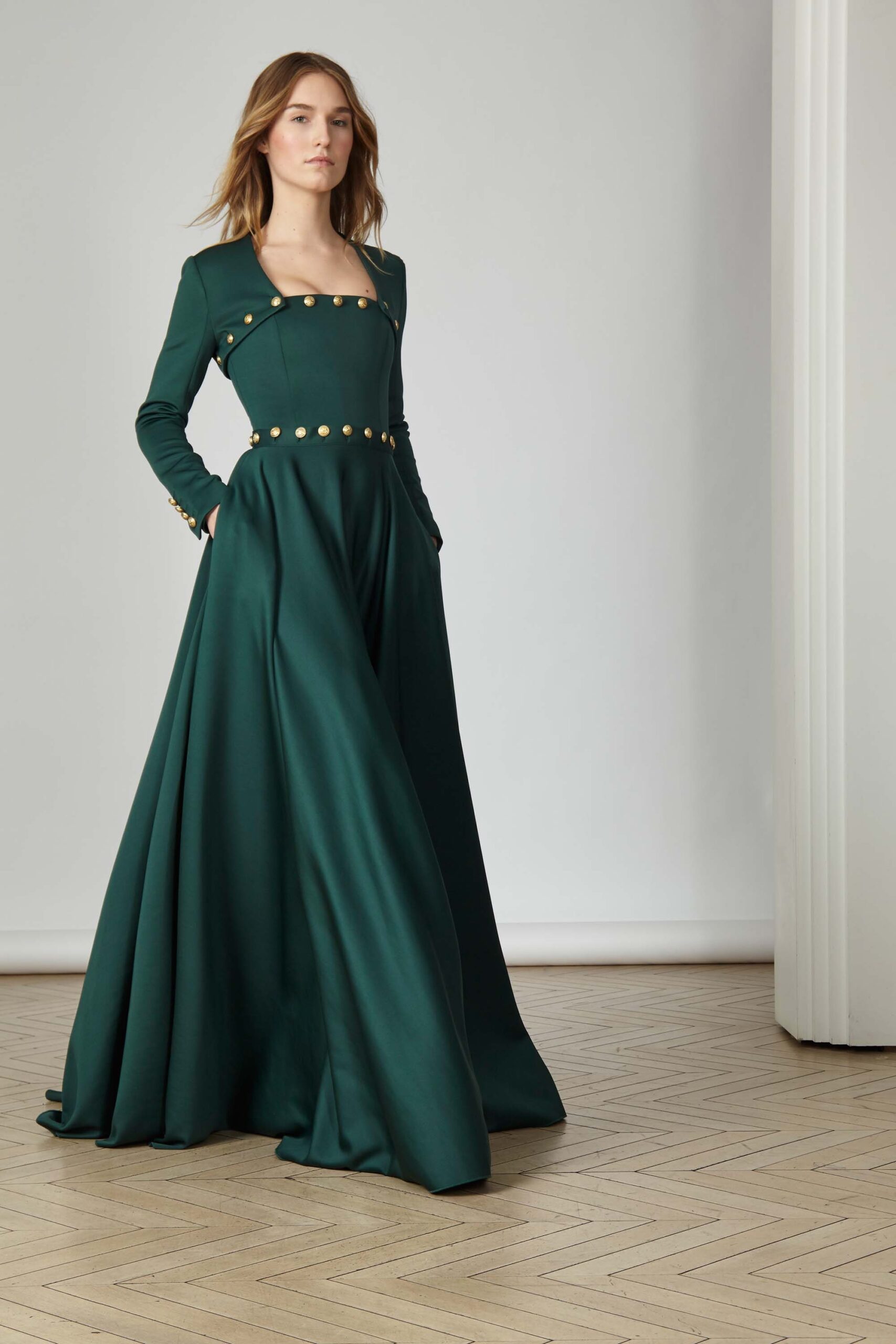 green silk long-sleeve gown