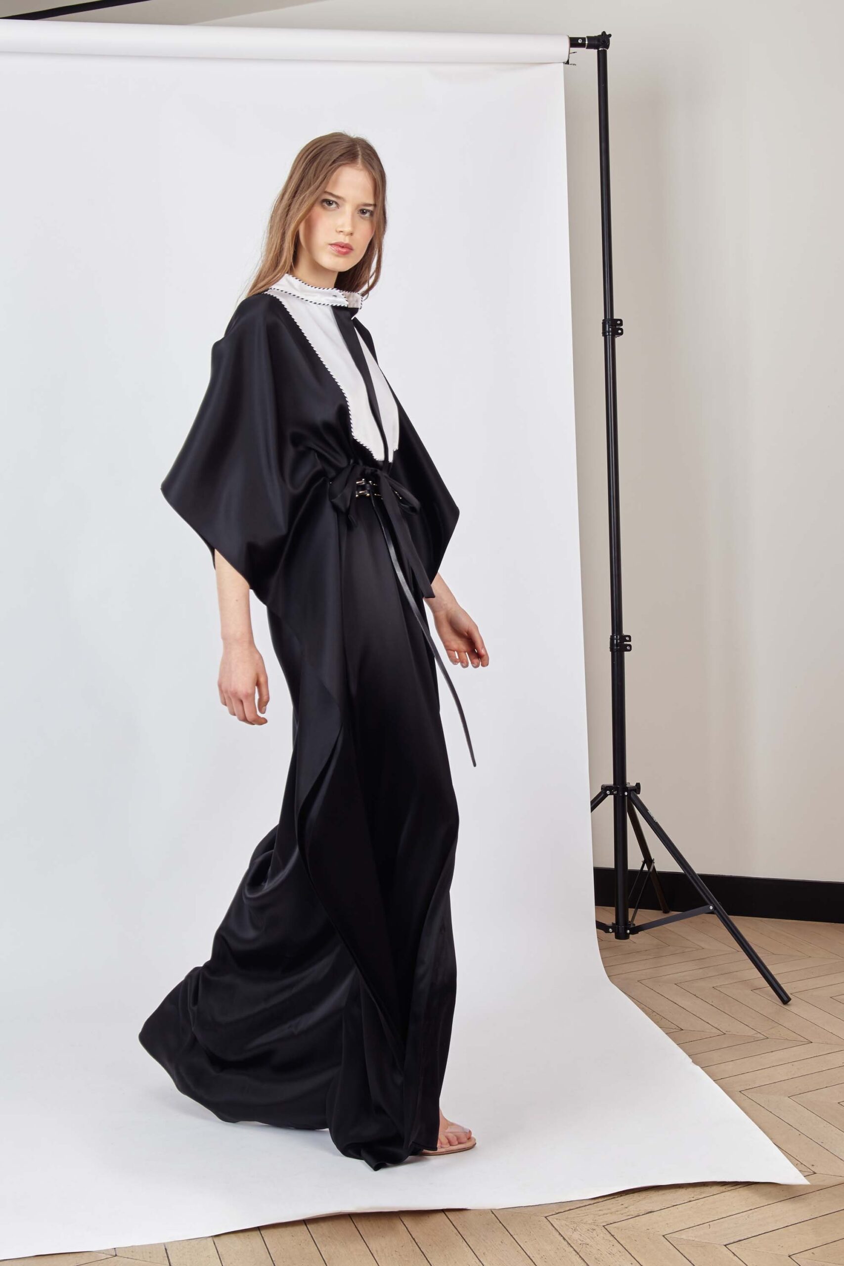 black silk sleeveless gown