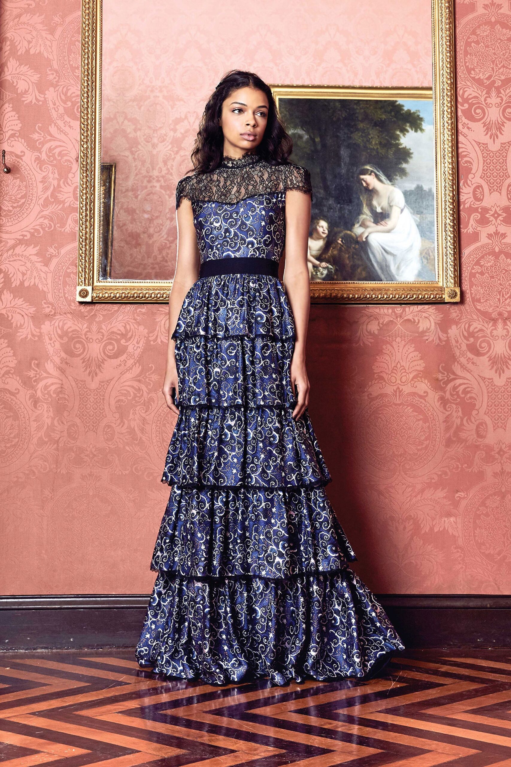 blue and gold embroidered gown