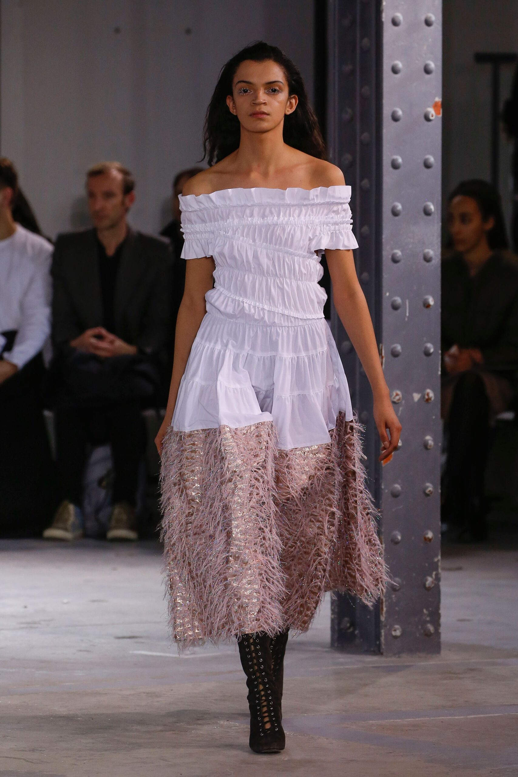 off-shoulder ruffled midi dress