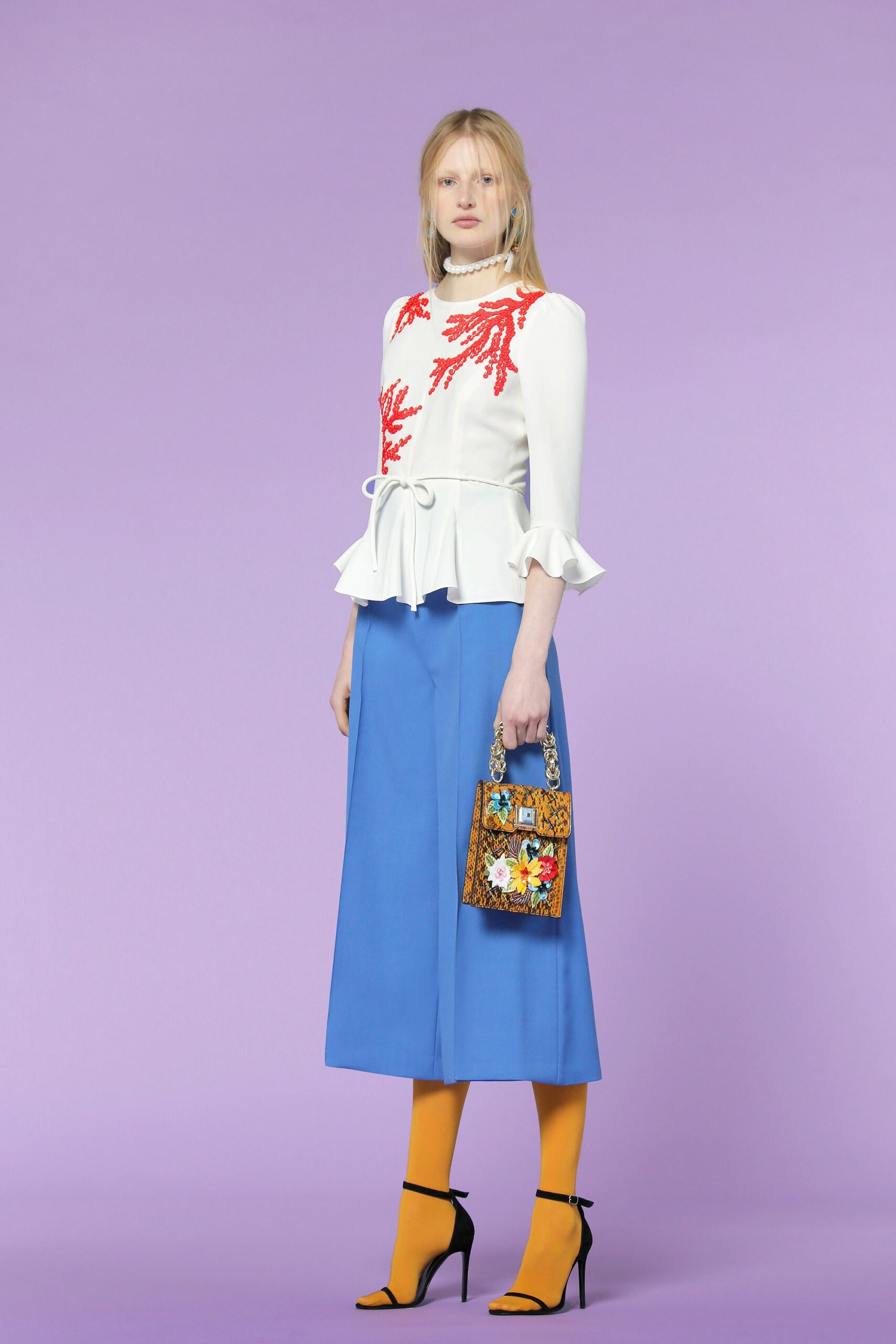 white long-sleeve collared fitted ruffled embroidered top