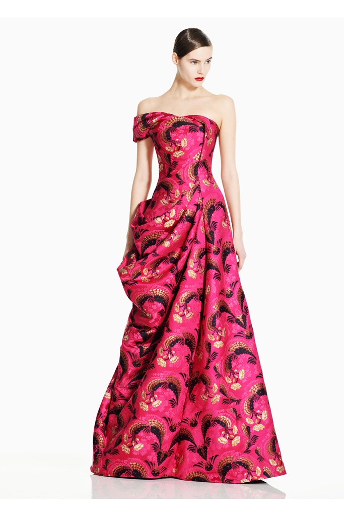 pink embroidered strapless gown