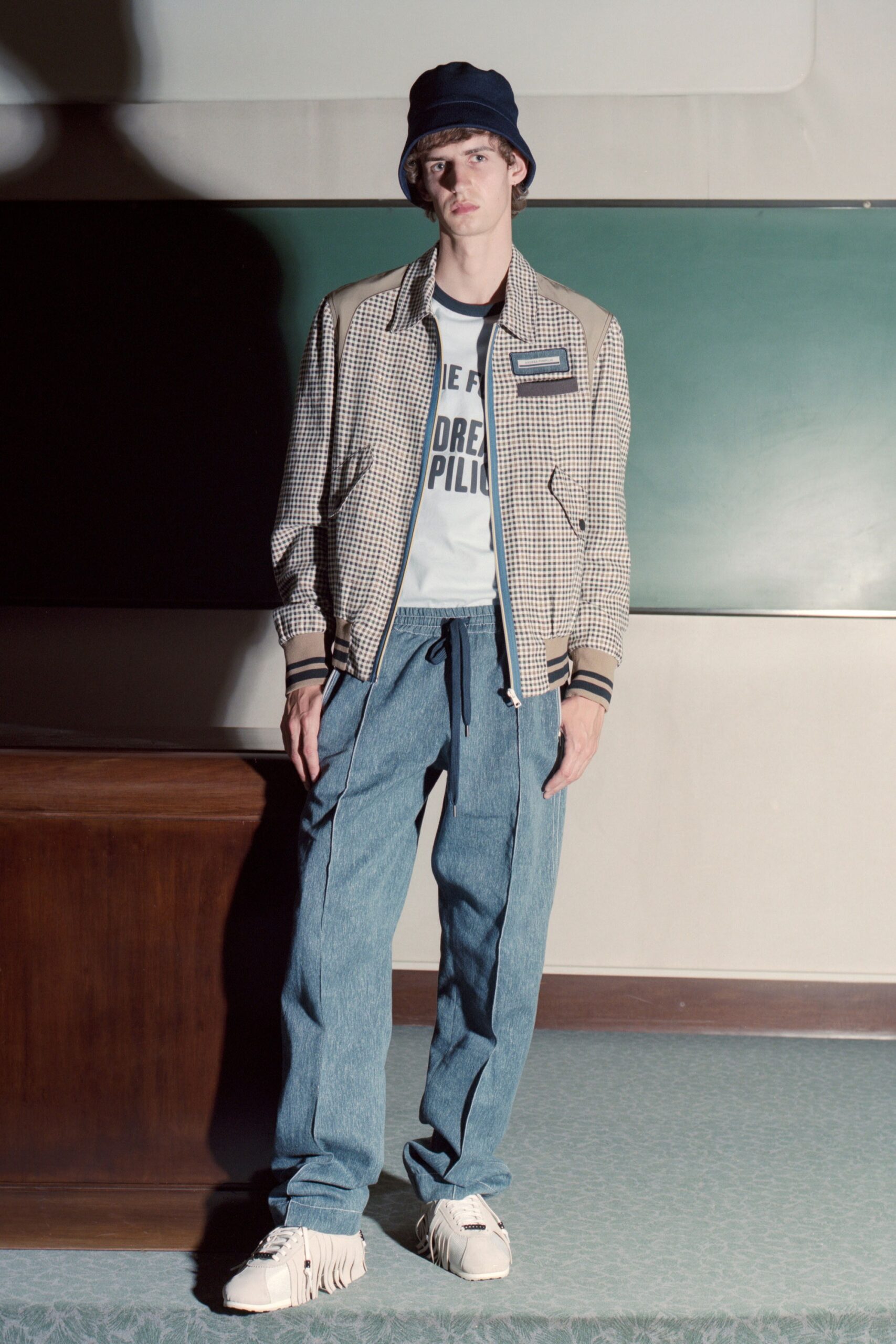 beige checked jacket with denim pants