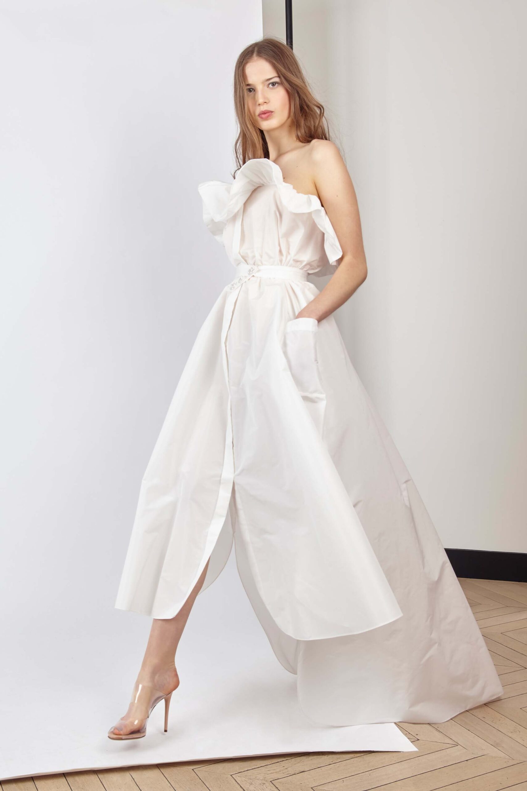 white off-shoulder pleated dress