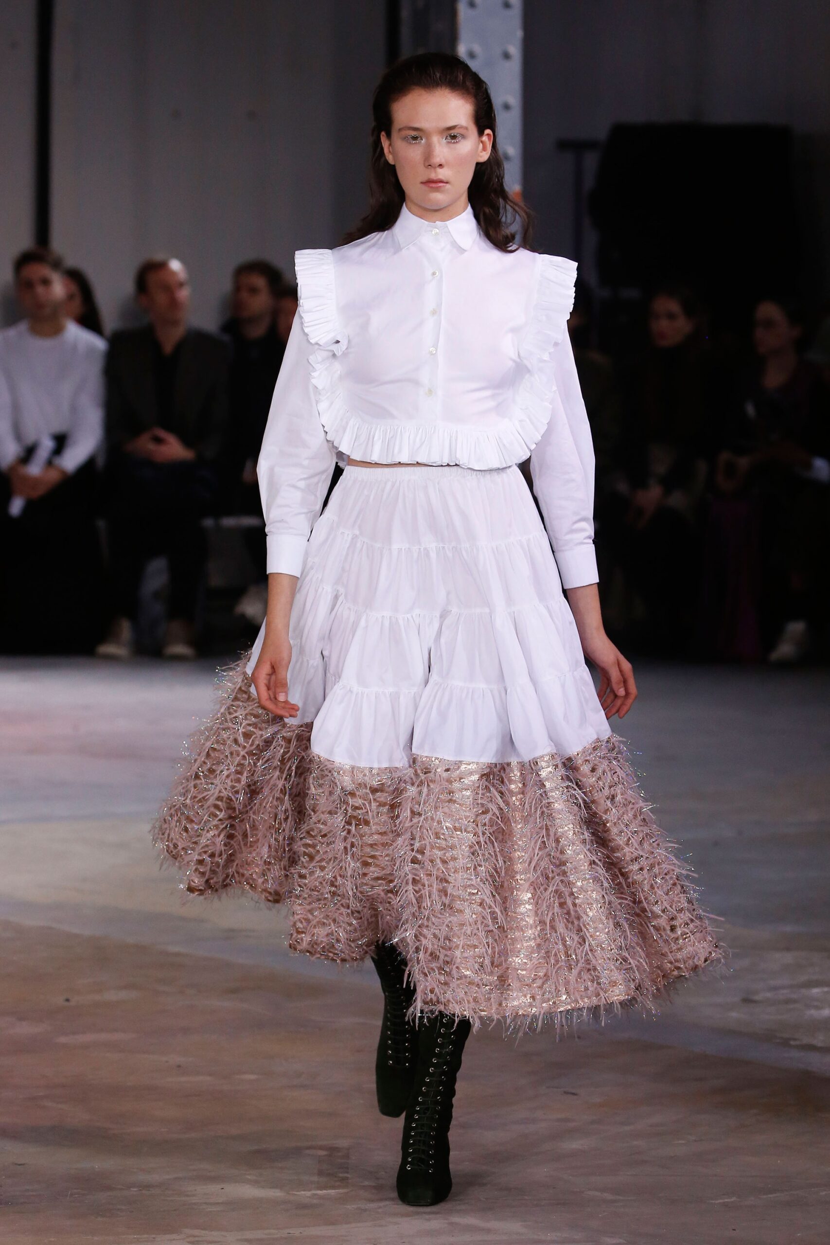 white ruffled blouse pink tiered skirt