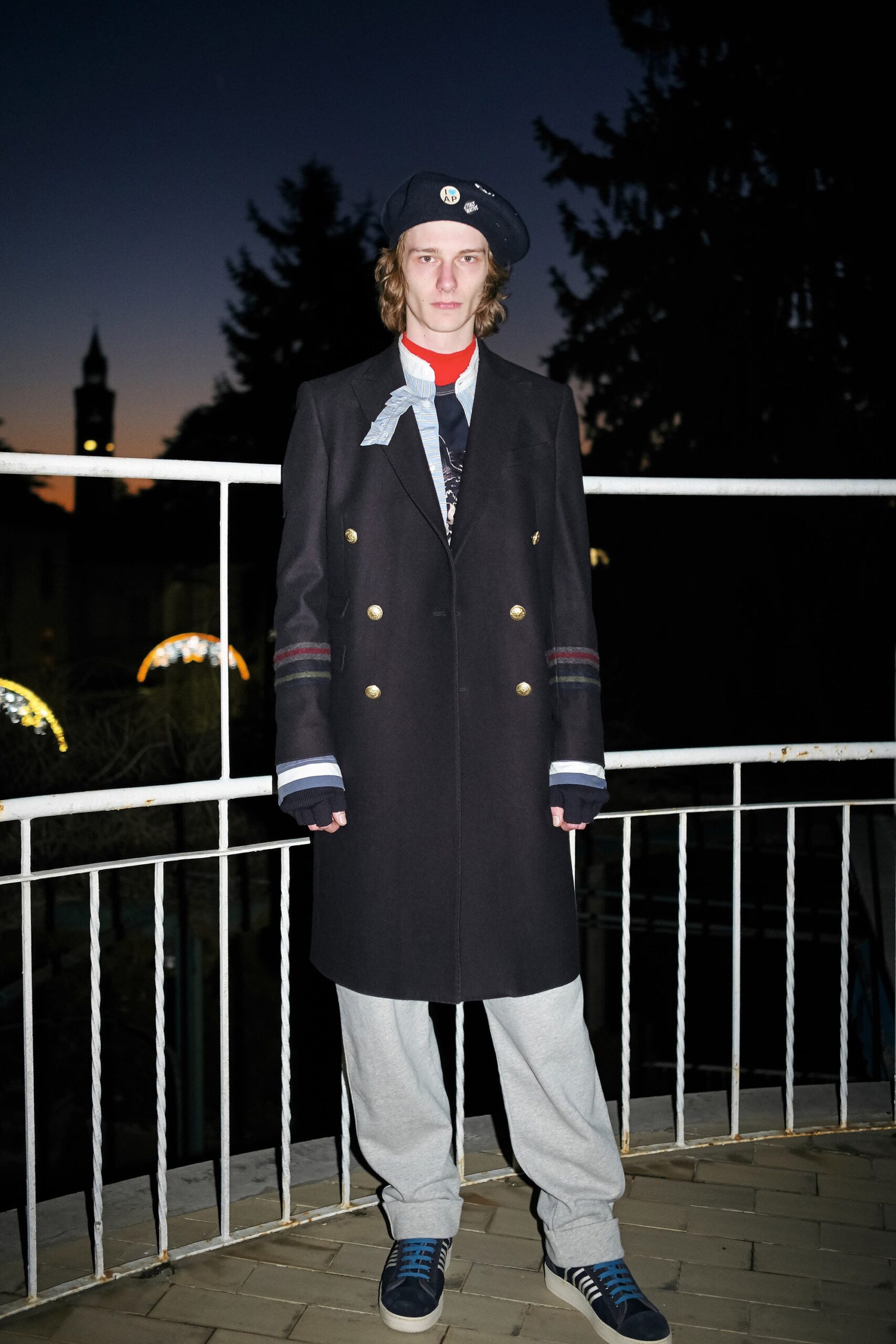 black fitted coat with gray pants