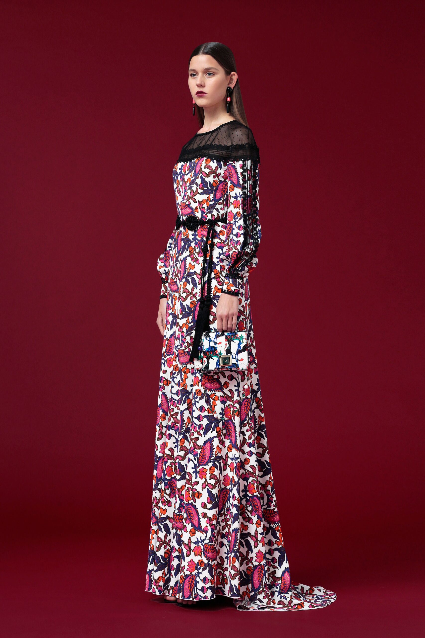 multi-colored silk gown with belt